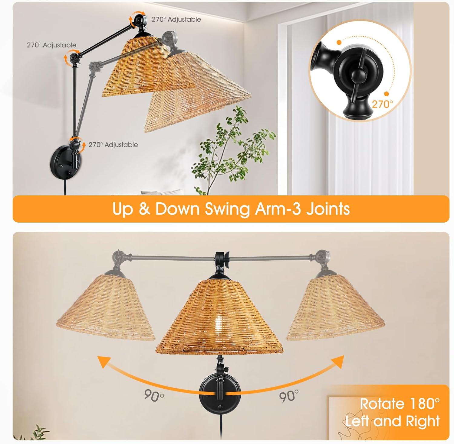 JO.KO Rattan Plug in Wall Sconce Set of 2, Black Wall Lamps with Plug in Cord and Dimmer, Hand Woven Boho Sconces Swing Arm Wall Mount Light Fixture Beside Lighting for Bedroom, Living Room