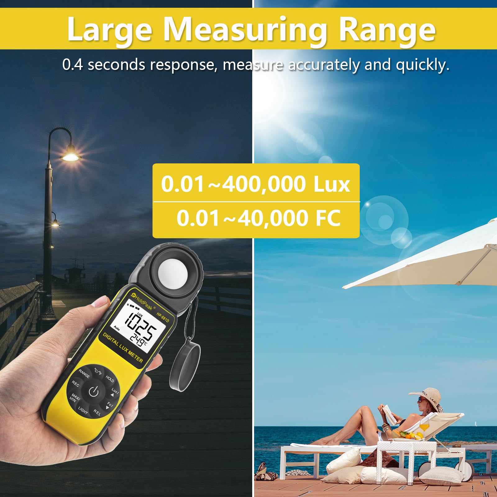 HoldPeak 881D Luxmetro Digitale Professionale, Misuratore di Luce 0.1-400,000 Lux, 1-40,000 FC,Misurare Temperatura,LCD Retroilluminato,Batteria Inclusa…