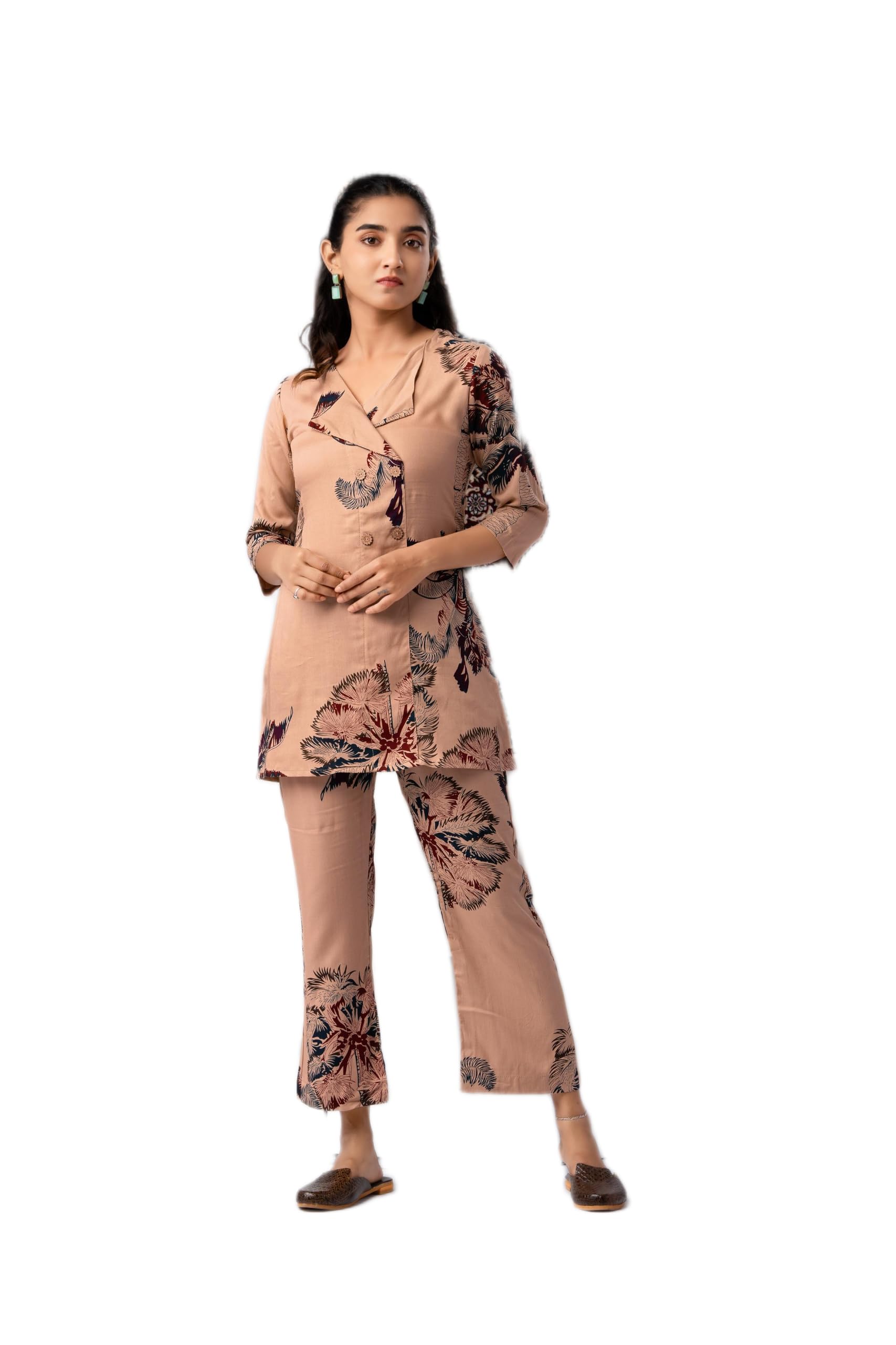 Women's Beige & Maroon Abstract Floral Print Silk Blend Co-Ord Set | Overlap V-Neck Shirt with Three-Quarter Sleeves & Matching Trousers-picture-22