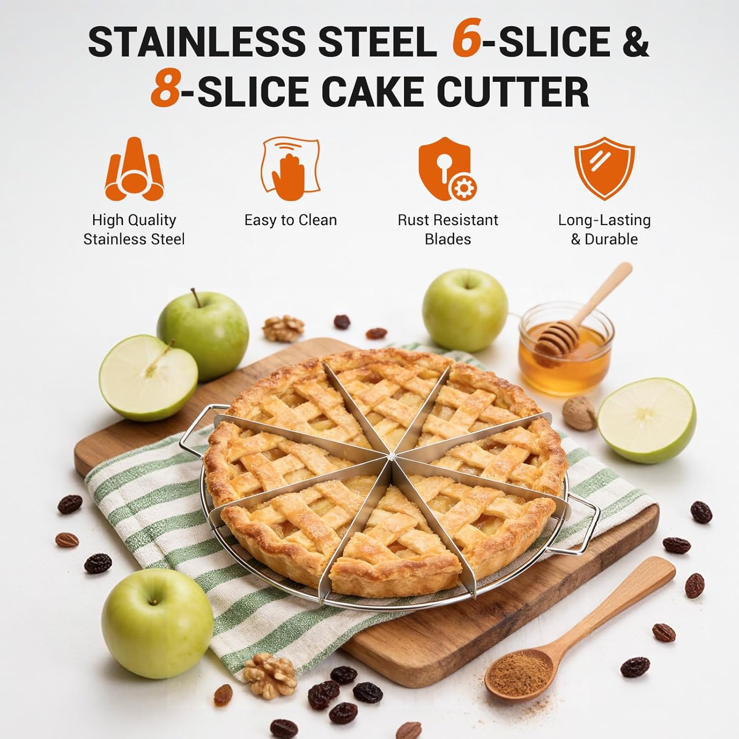 2-Pack Pie Cutter and Cake Slicer, 10-Inch Stainless Steel 6-Slice & 8-Slice Cake Cutter Slicer with Scraper for Uniform Slices of Pies, Cakes, Desserts