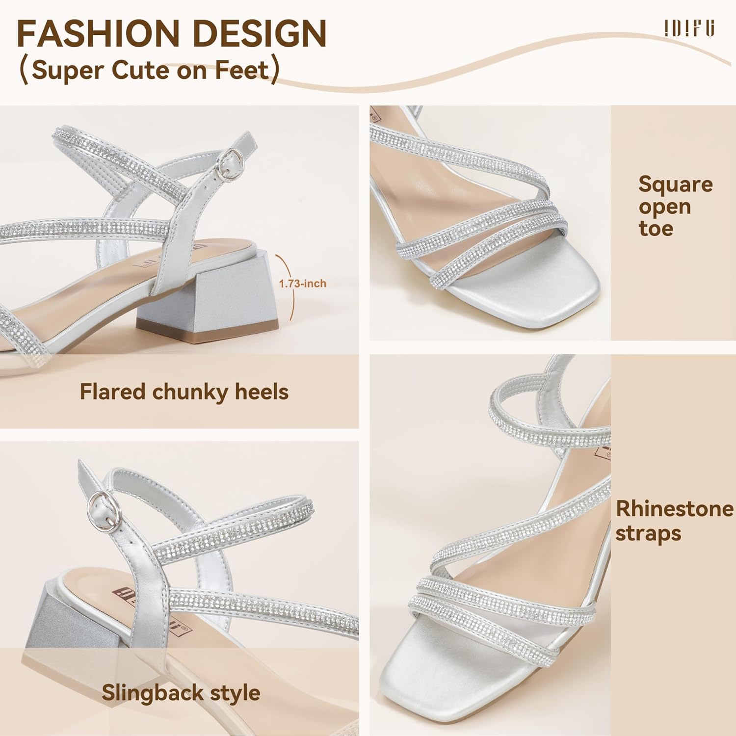 IDIFU IN2 Rhinestone Low Heels for Women Sparkly Dressy Block Short Strappy Square Open Toe Chunky Heeled Sandals Prom Wedding Bride Party Dress Shoes Comfortable Bling Thick Heels - Image 4