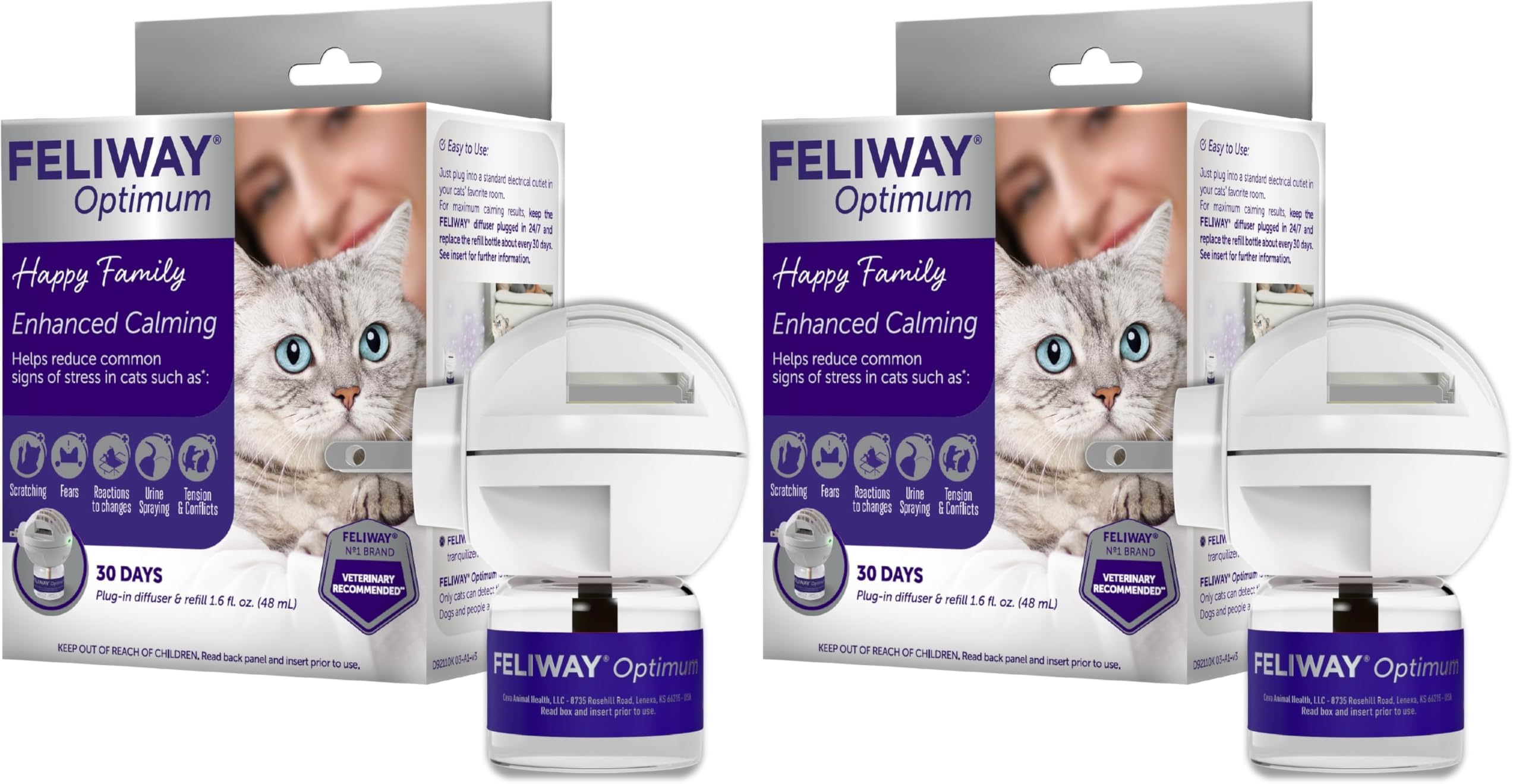 FELIWAY Aroma Diffuser, Optimum Cat, Enhanced Calming Pheromone, 48 mL | 30 Day | Starter Kit | Translucent | Pack of 2