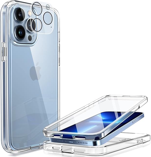 BinBoom Crystal Clear for iPhone 13 Pro Max Case 6.7 inch, with [ Built-in Screen Protector ] + [ Camera Lens Protector ], Shockproof Military Grade 360 Full Protective Cover (iPhone 13 Pro Max)