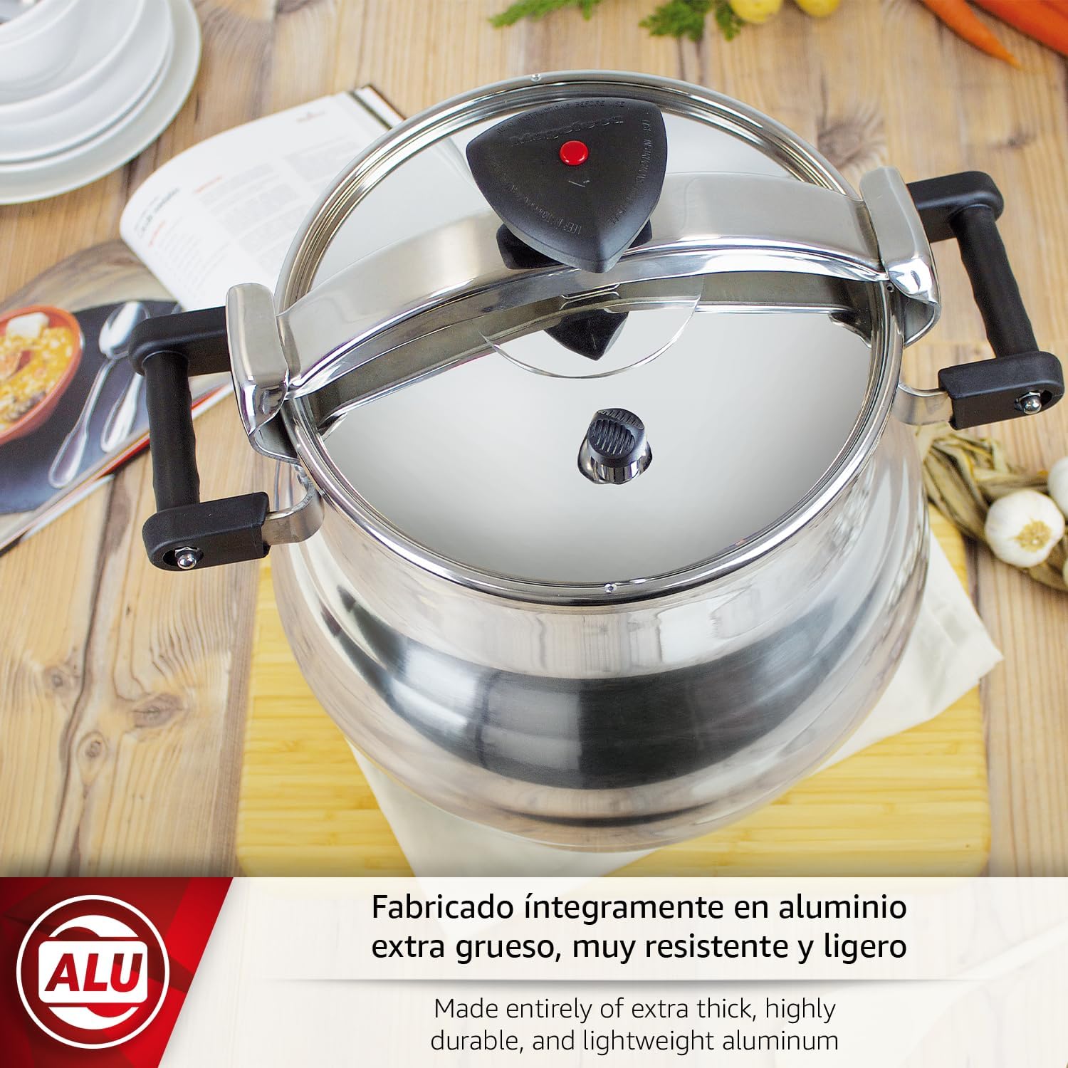 Magefesa Alustar 23.2-Quart Aluminum Pressure Cooker – Extra-Thick Construction, Thermodiffusion Base, 3 Safety Systems, Professional-Grade