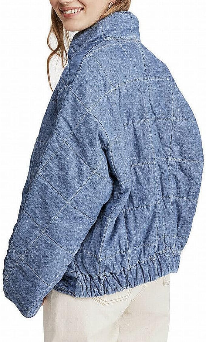 Dolman Zip Front Quilted Denim Jacket 