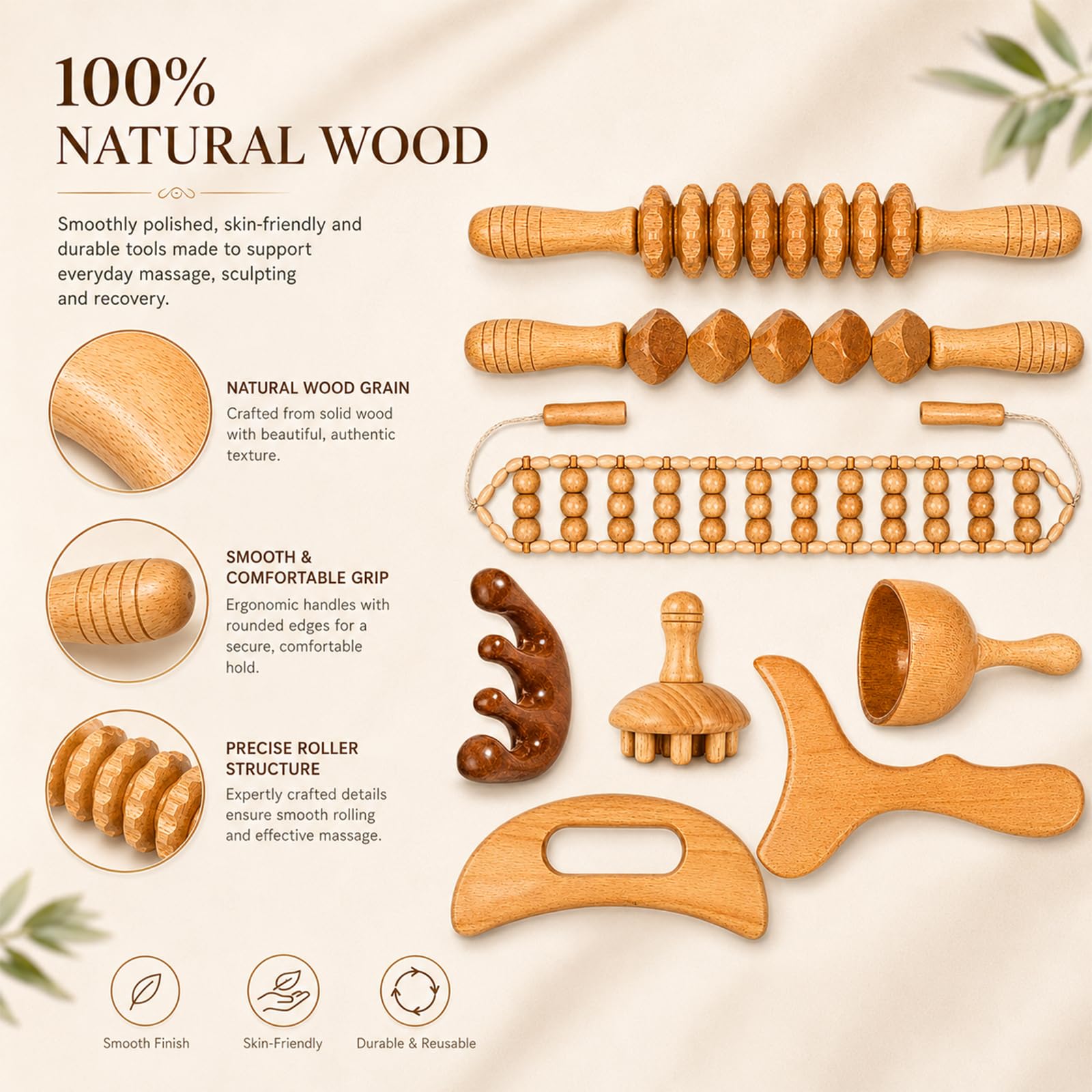 Maderotherapie Set 8 in 1, Holz Massage Set mit Faszienrolle & Faszienstab