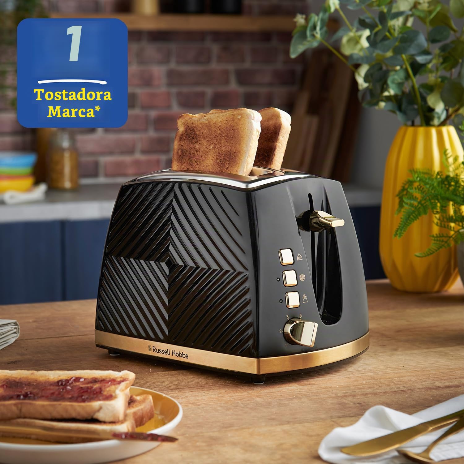 Russell Hobbs 26390 - tostador de 2 rebanadas, tostador de pan táctil con diseño 3D con ajustes congelados, cancelación y recalentamiento, 850 vatios, color negro