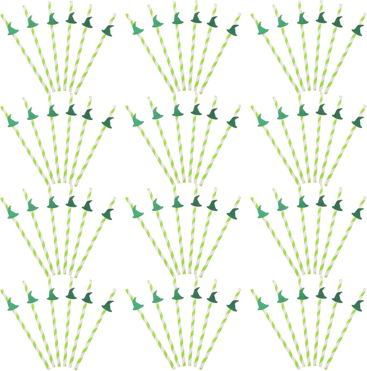 Luxshiny 100pcs Halloween Themed Witch Hat Paper Straws Green Striped Disposable Party Drinking Straws for Beverage Birthday Wedding Holiday Decorations