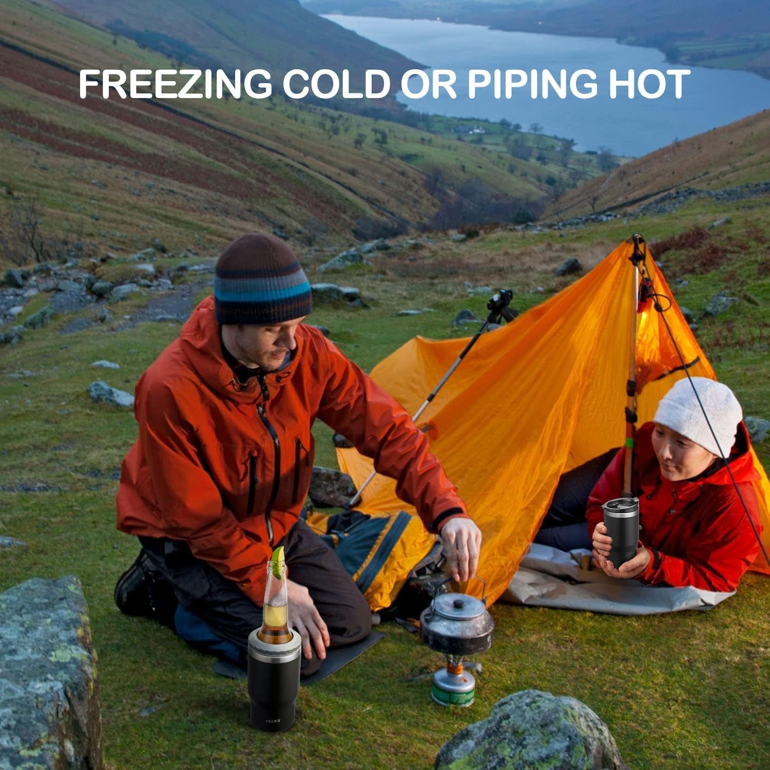 Meoky 4-in-1 Can Cooler, Stainless Steel Triple Insulated Coozies for 12 oz Skinny or Standard Can, Beer Bottle and as a 14 oz Tumbler with lid (Obsidian Black) : Everything Else