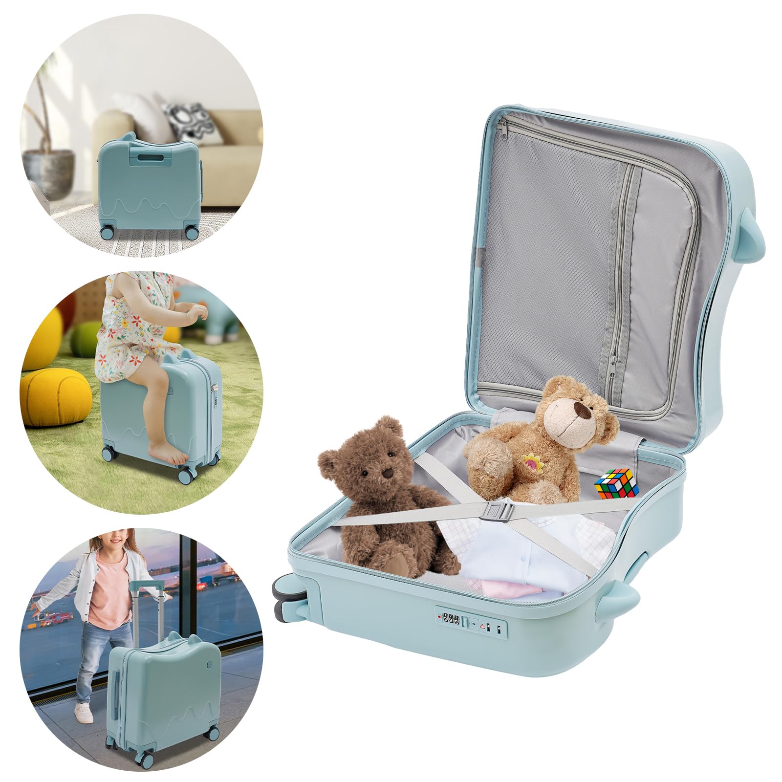 Maleta infantil para sentarse arriba, 45,5 x 23 x 43,5 cm, maleta de viaje infantil, cerradura de contraseña integrada, 37 L, 3 kg, 4 ruedas giratorias silenciosas, carrito infantil, azul