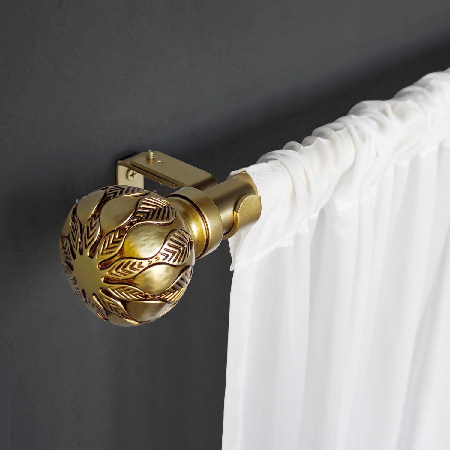1 Inch Single Curtain Rods 72 to 144 Inches Adjustable Drapery Rods for Window width 68 to 140 Inches, Carved Leaves Finials, Brushed Gold