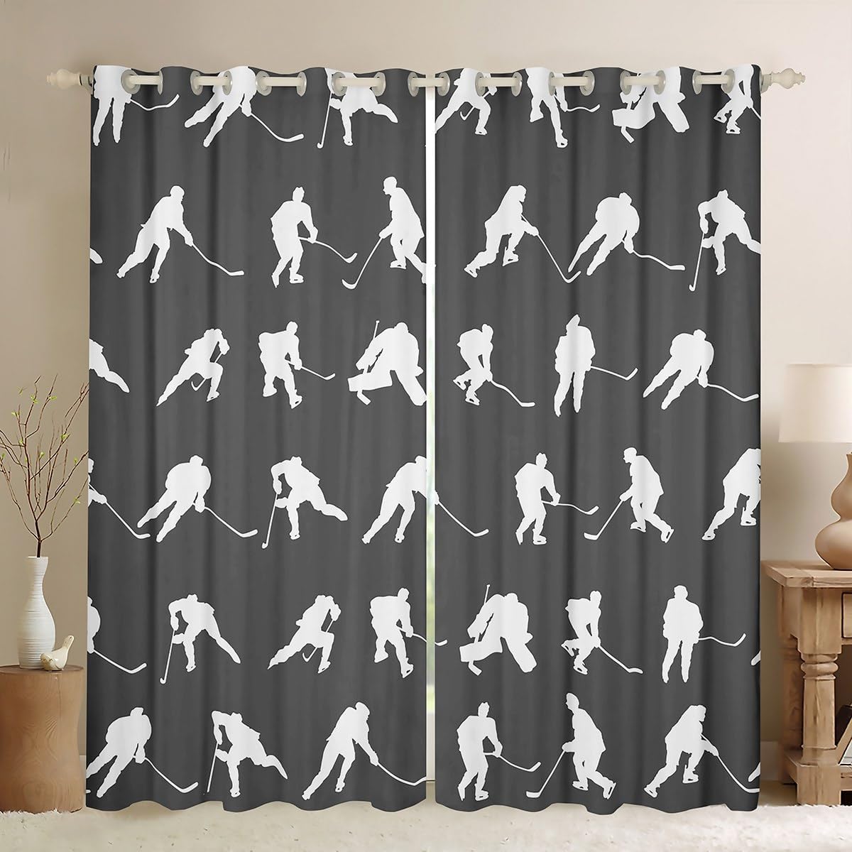 Ice Hockey Window Curtains for Bedroom Living Room Hockey Player Curtains For Teens Decor Grey White Window Drapes Ball Game Window Treatments Bedroom Sport Window Treatments 42W X 63L,2 Panels