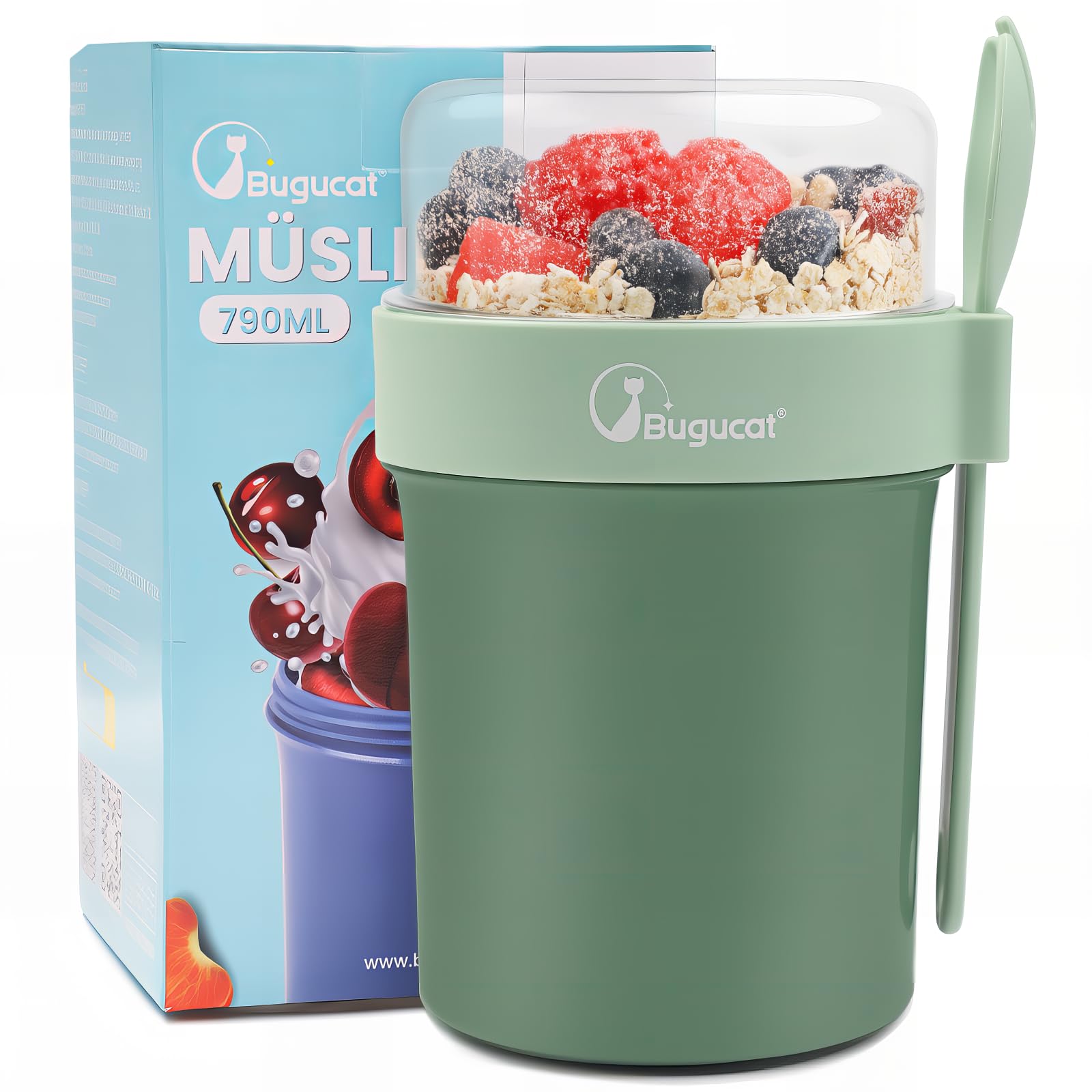 Bugucat To Go Muesli Cup 560 ml + 230 ml Yoghurt Container with Spoon and Lid, Sealed Muesli, Sauce Box, Yoghurt Glass, Oatmeal, Salad, Fruit Green