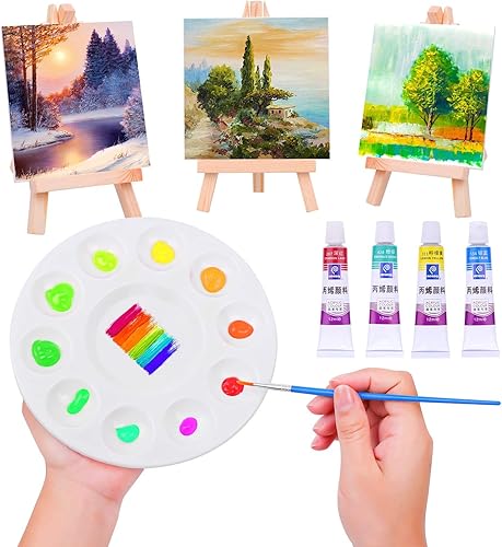 Miniatura 6 de Mini lienzo y caballete, PAXCOO 60 piezas incluye lienzo pequeño de 4 x 4 pulgadas, mini pinceles acrílicos para pintar y sorber suministros de