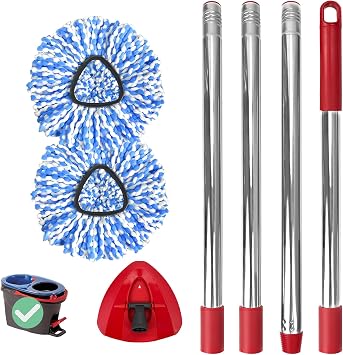 Nuorest Spin Mop Replacement Set for RinseClean 2-Tank System, Includes 2 Microfiber Mop Heads, 1 Adjustable Spin Mop Handle 30"-58", 1 Spin Base, Washable Floor CleaningNo Bucket