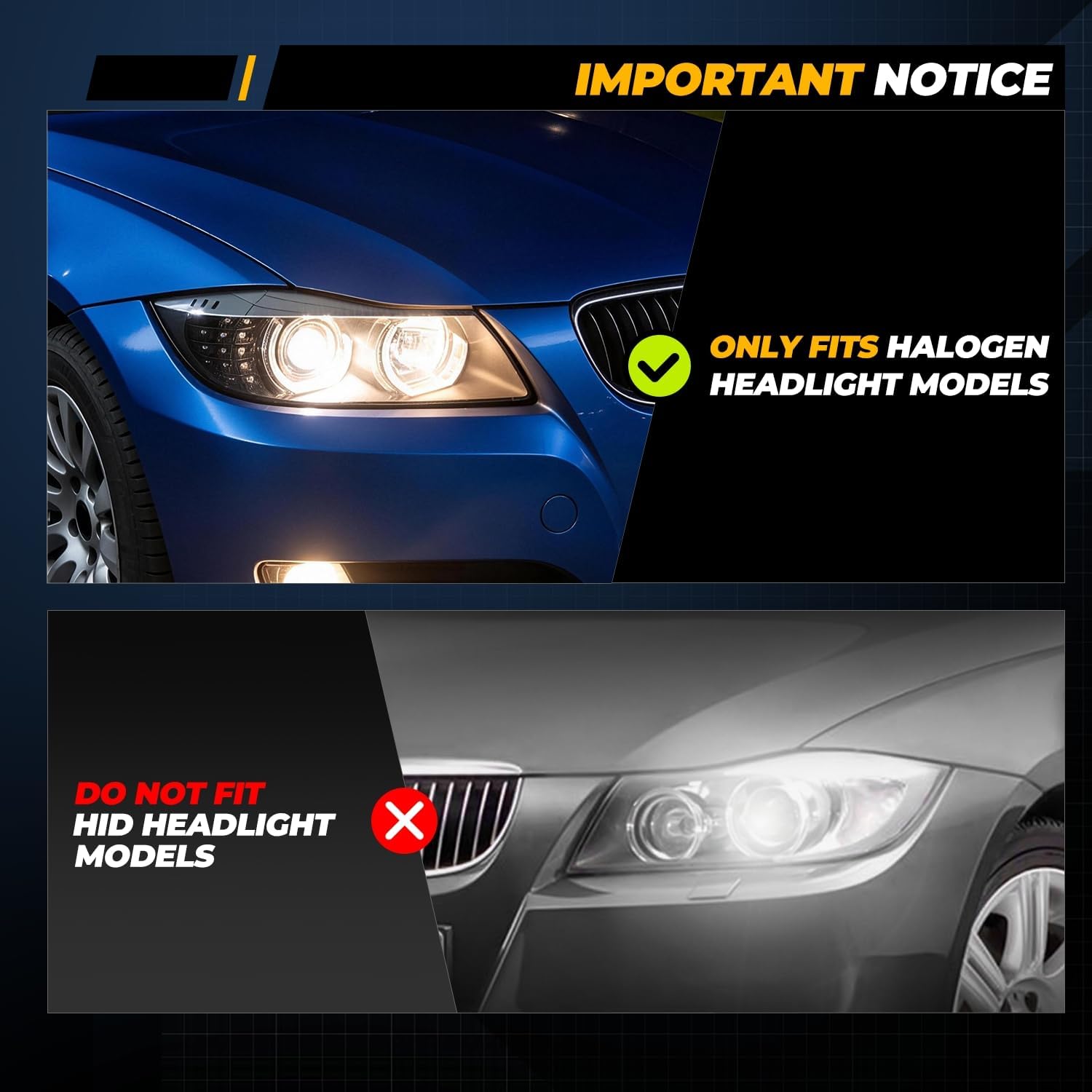 Auto Dynasty LED Halo Headlights Assembly Compatible with 2005-2008 BMW E90 325i 325xi 330i 4-Dr Sedan, Left and Right Side, 3D Dual Crystal U-Halo, Projector Low Beam, LED Turn Signal, Black Housing