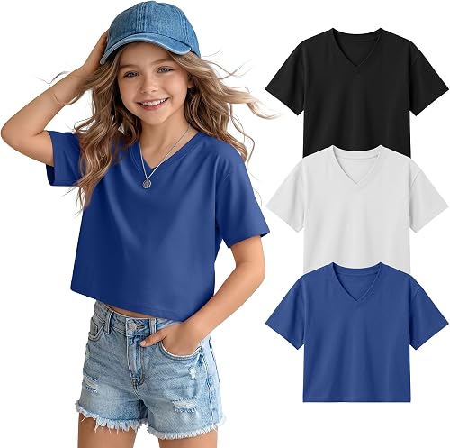LessonZoo 3 Pack Girls Short Sleeve Crop Tops V Neck Cute Cropped T Shirts Summe