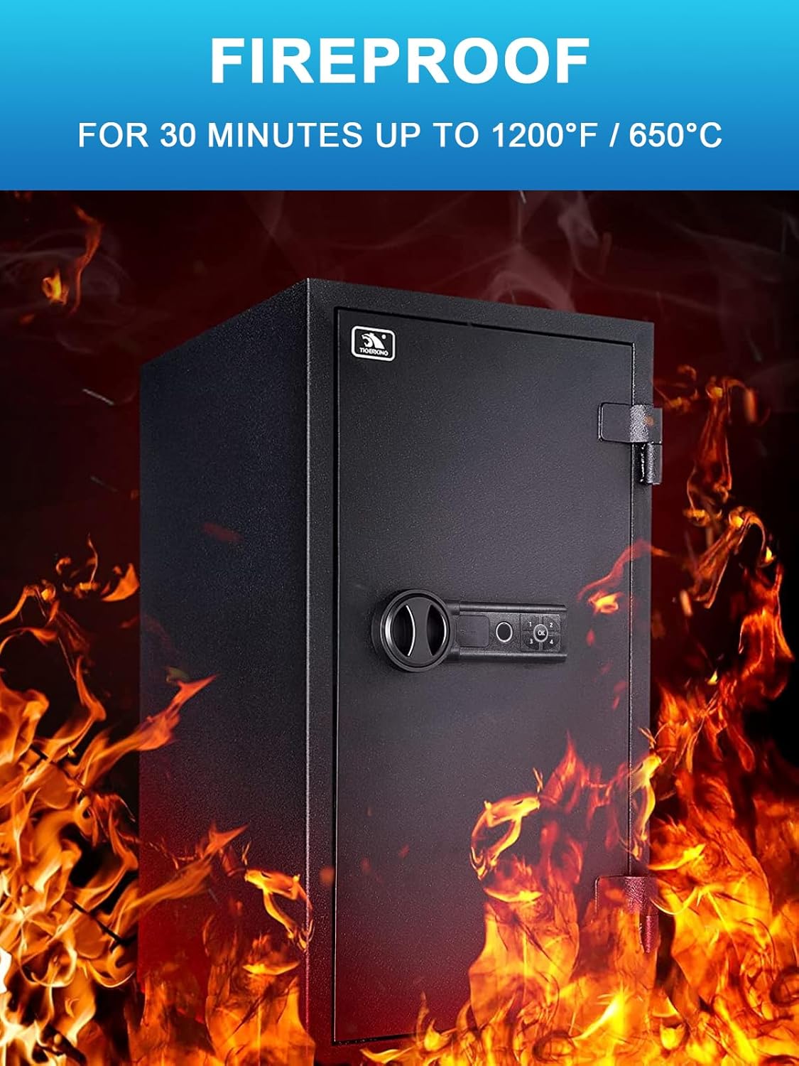 TIGERKING safe surrounded by flames, illustrating its fireproof capability for 30 minutes up to 1200°F / 650°C.