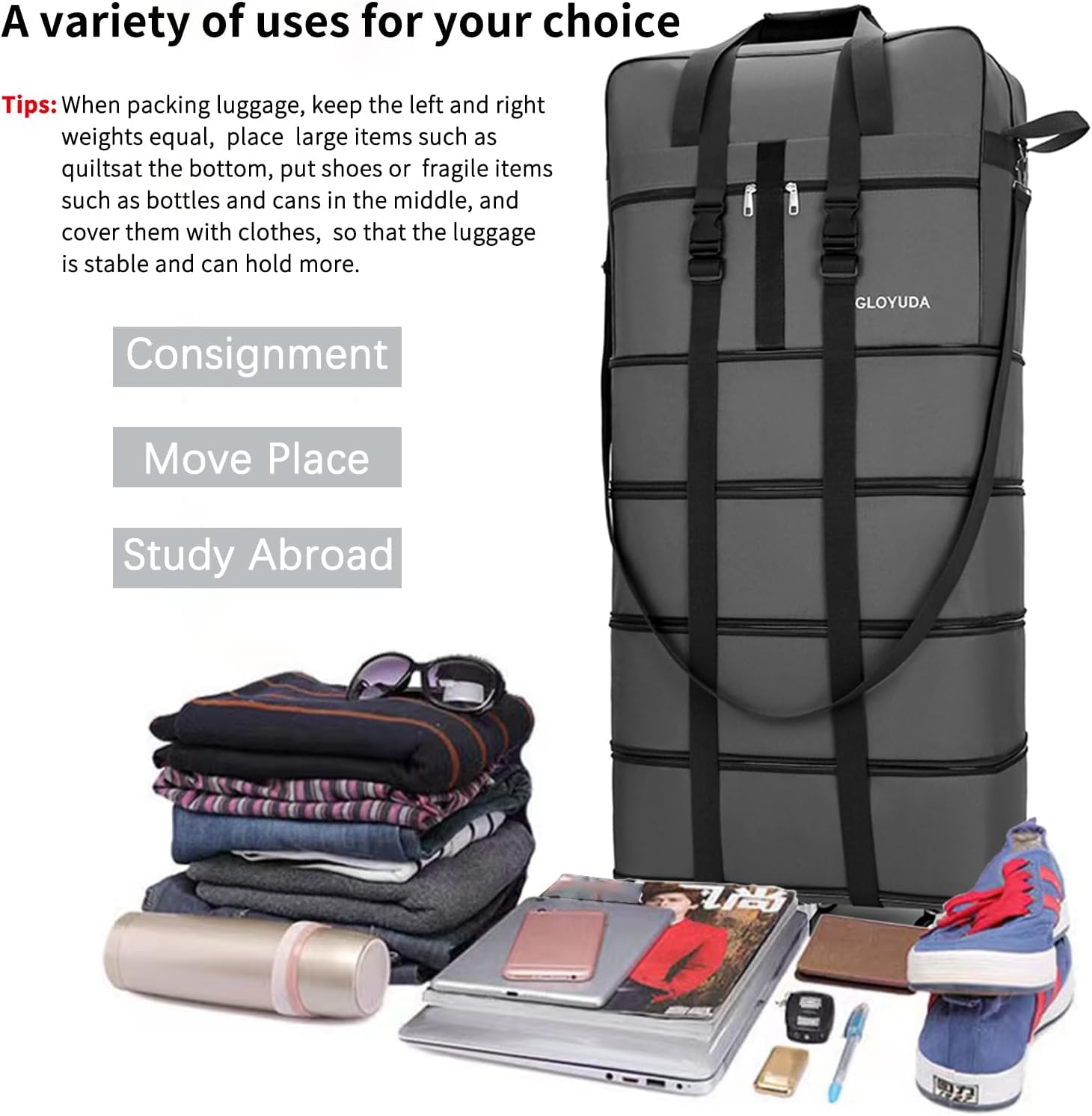 130L Expandable Luggage, 43 Inch Extra Large Suitcase with Wheels, Collapsible Luggage, Rolling Duffle Bag with Wheels, Big Suitcases with a Handle Wrap Shoe Bag Shoulder Strap (Gray) - Image 5