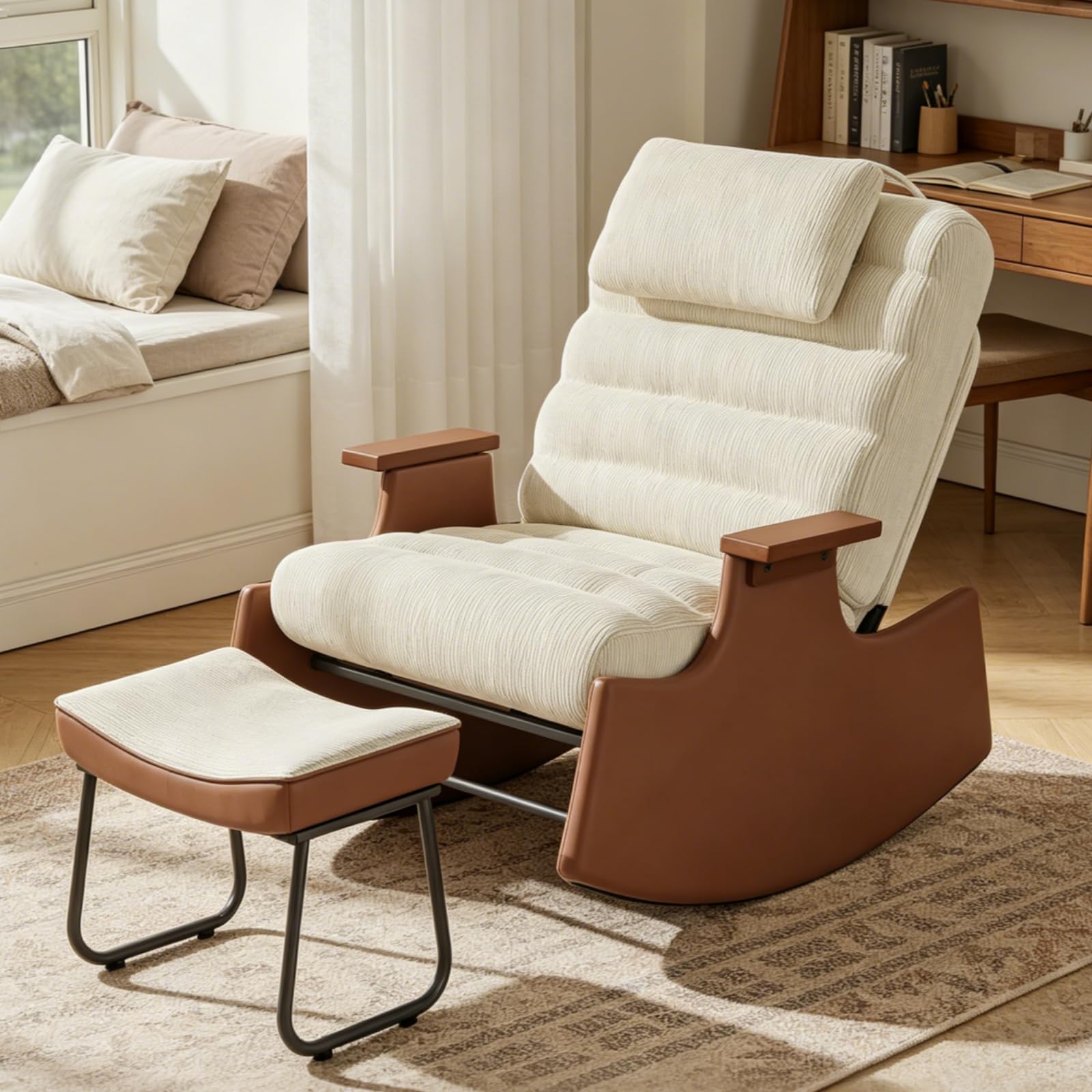 Sedia a dondolo con sgabello, beige, poltrona a dondolo con poggiapiedi e 3 schienali regolabili, poltrona imbottita con braccioli e poggiatesta, sedia relax per soggiorno, moderna, in pelle di