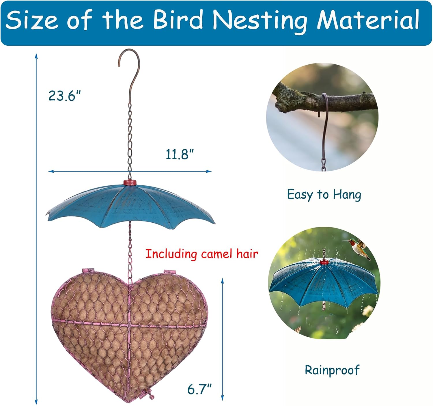 Bird Nesting Material Holder, Camel Fiber Bird Nesting Heart with 100g Camel Fiber, Hummingbird Nesting Material for Garden Decor, Gift for Bird Lovers
