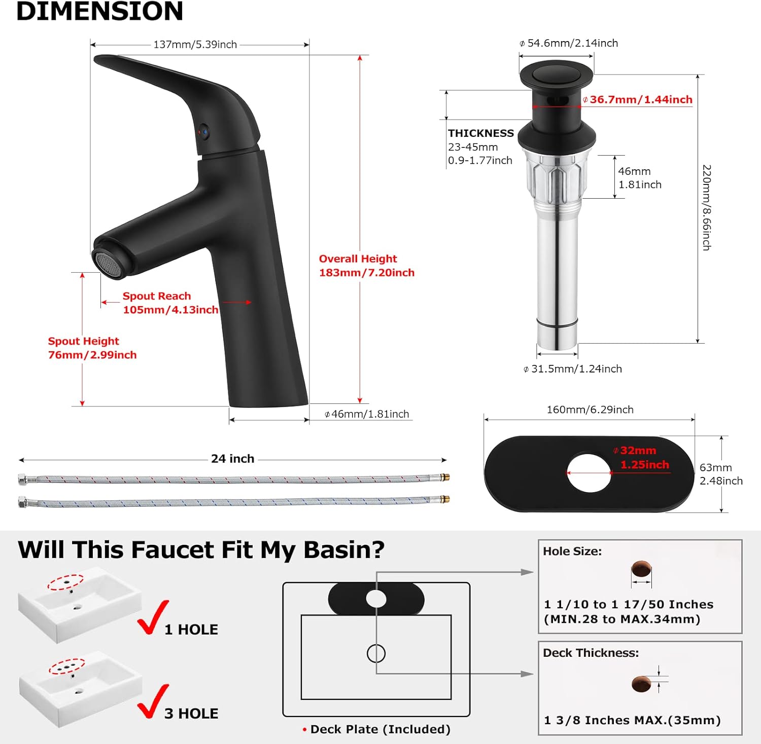 PARLOS Single Handle Bathroom Sink Faucet, Single Hole Vanity Faucet with Pop Up Drain, Deck Plate and Cupc Water Supply Lines, Matte Black, 1339704