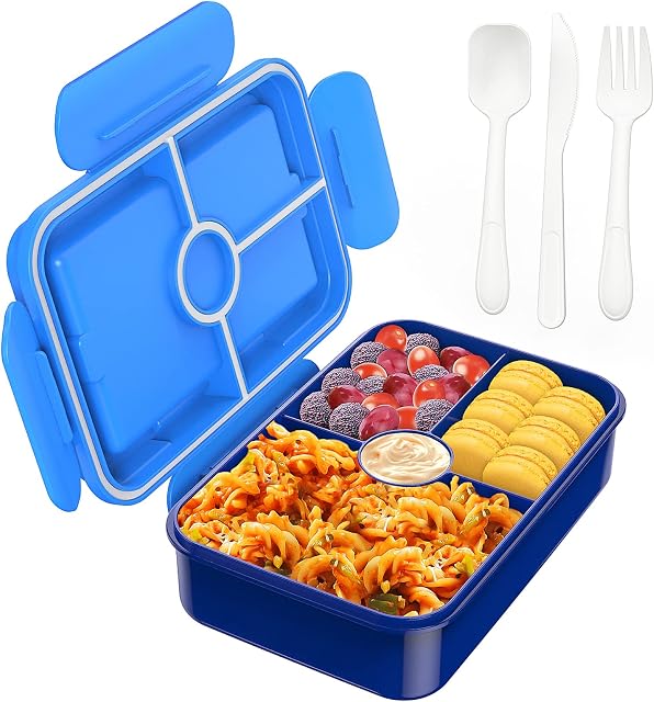WayEee Lunch Box , Bento Box with Compartments for Kids Adults , Meal Prep Containers Build in Tableware, Bpa Free, Microwave and Dishwasher Safe (Blue)