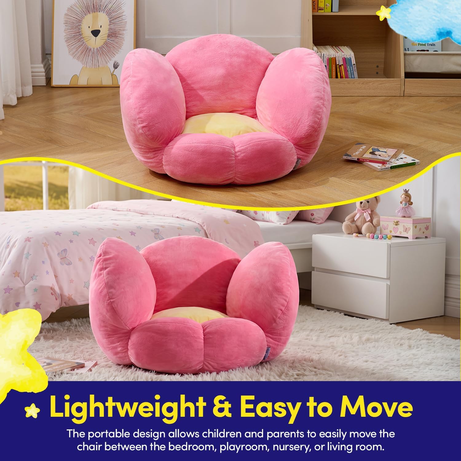 Sweet Home Collection Toddler Chair for Reading, Flower Plush Character Kids Chair Pillow for Playing, Lounging & Storytime, Soft Cozy Toddler Floor Chair for Bedrooms, Nurseries & Playrooms