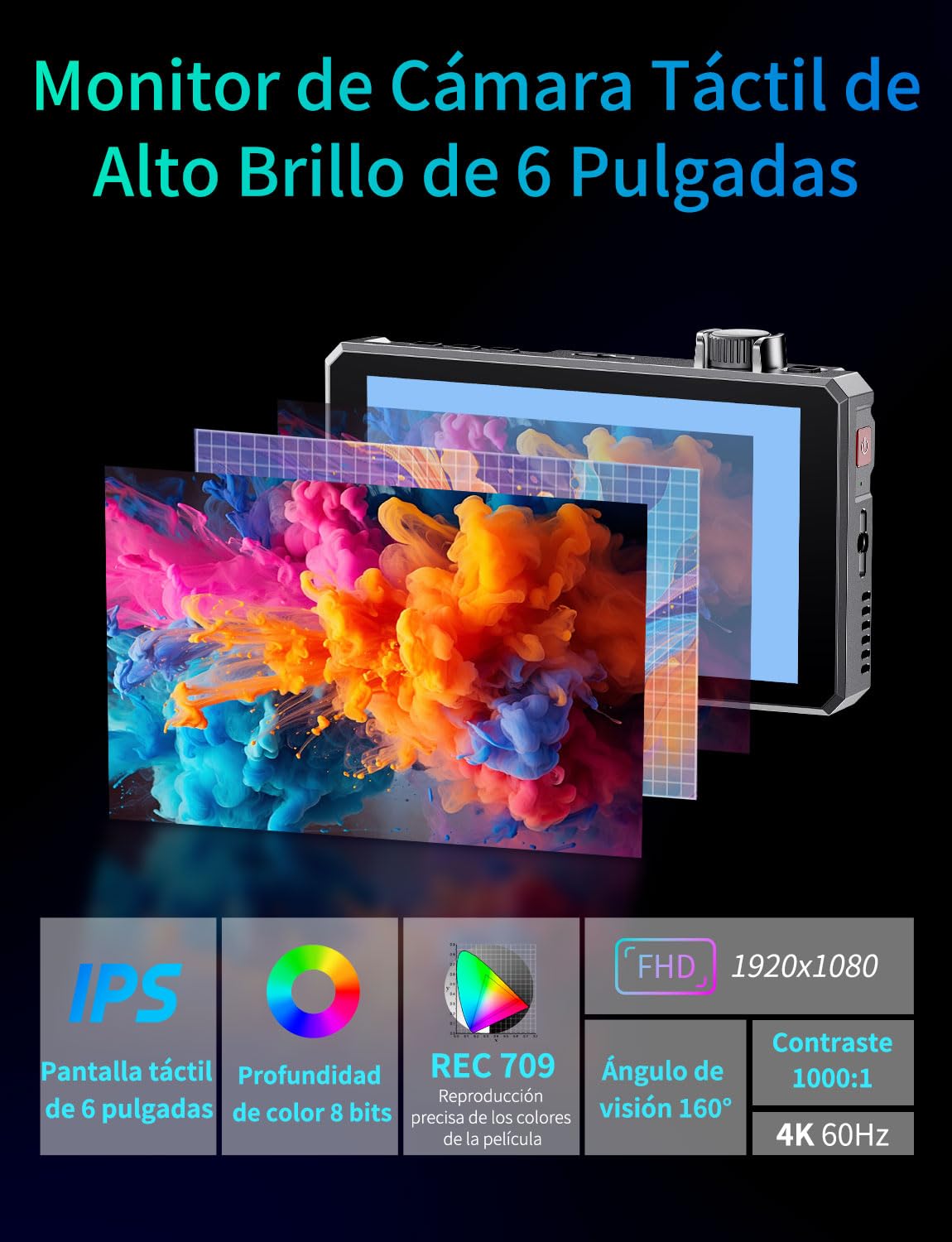 FEELWORLD SC6 Monitor de Campo 6 Pulgadas 1500nit 3G-SDI FHD Pantalla Táctil Aluminio c/Batería NP-F750, Ent/Sal 4K HDMI 60Hz, 3D LUT, HDR, Perilla Multifunción – para Cineastas y Rodajes Exteriores