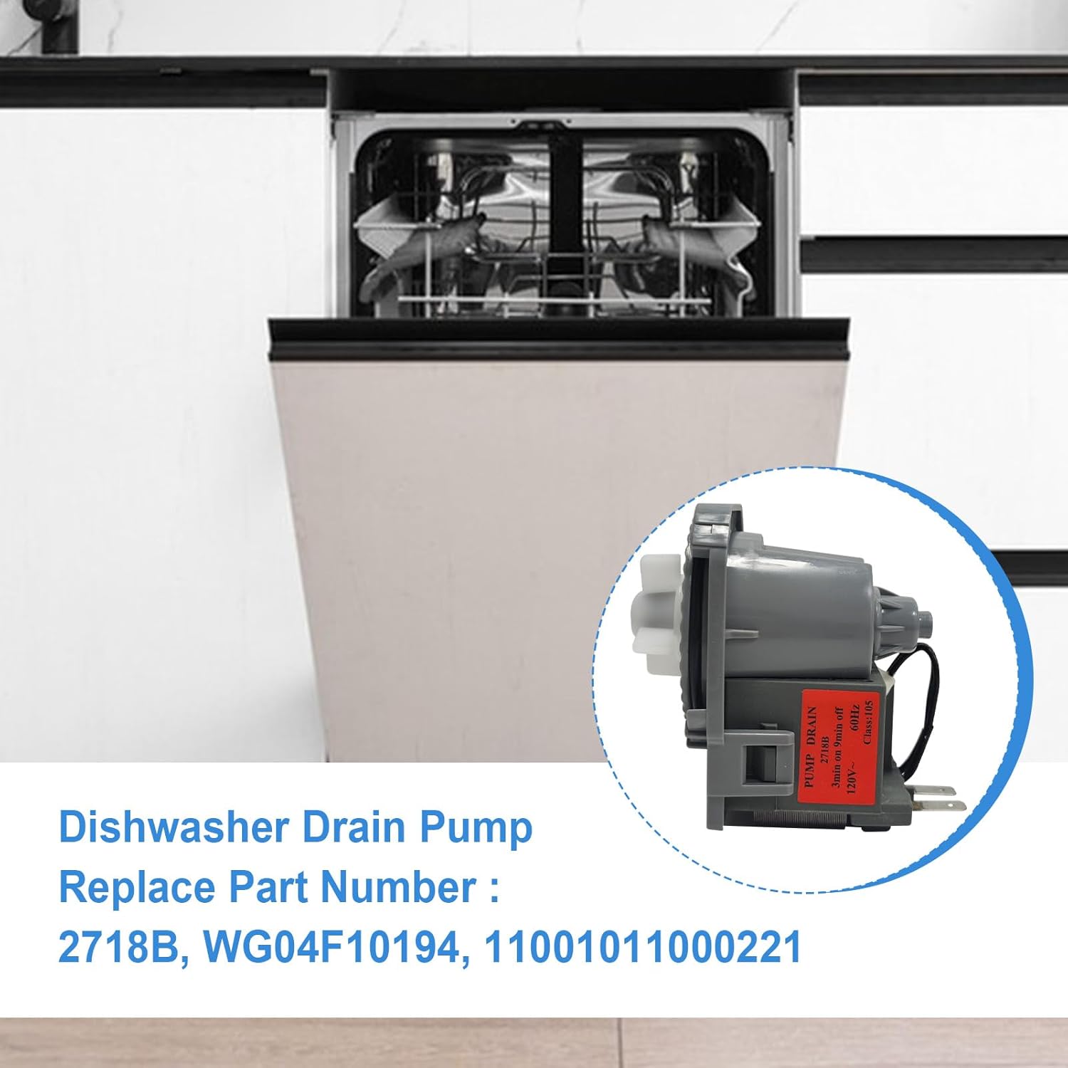 2718B Dishwasher Drain Pump Assembly Replacement for GE WG04F10194 Compatible with Midea Magic Chef Dishwasher 11001011000221 120V 60Hz