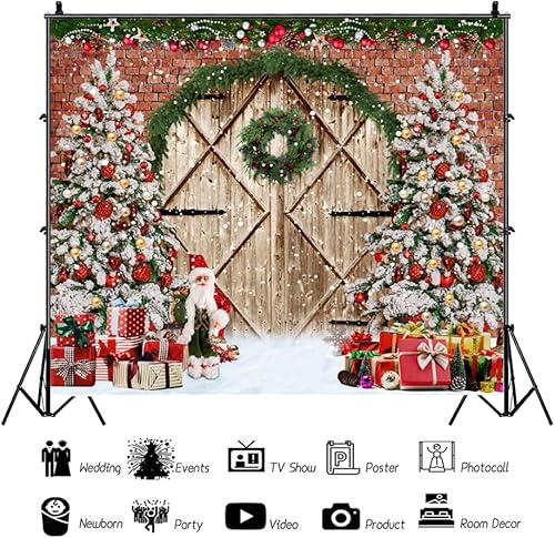 Miniatura 2 de Telón de fondo de Navidad de invierno de 10 x 8 pies, puerta rústica de madera de granero, ladrillo rojo, Papá Noel, fondo de fotografía, árbol de