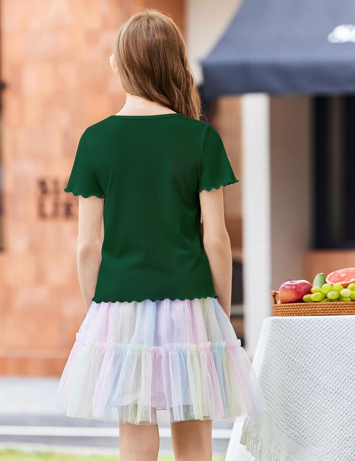 Arshiner Girls Lettuce Trim Short Sleeve Shirts Summer Ribbed Knit Crewneck Casual T Shirt Tops Tee Blouse - Image 4