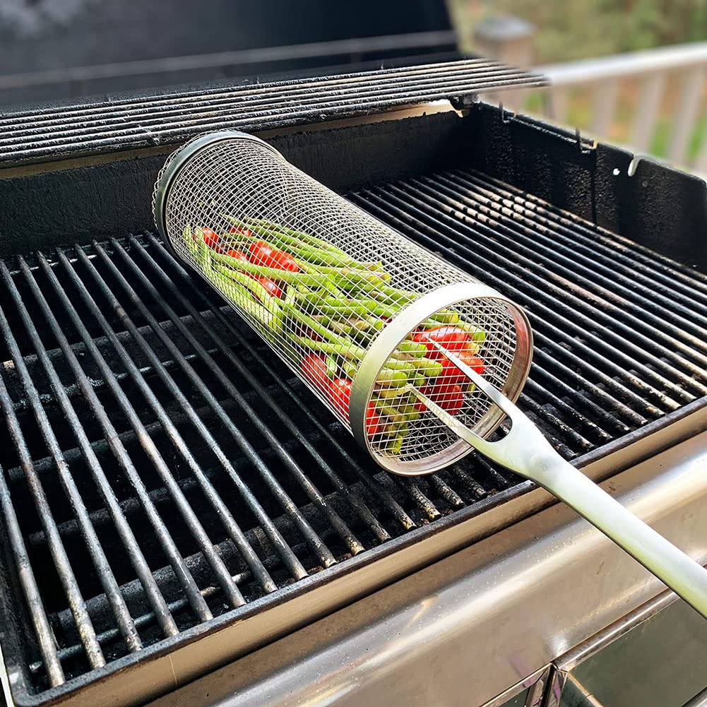 Juego de 3 Cesta Giratoria para Asador Cesta para Parrilla de Barbacoa de Acero Inoxidable Cesta de Parrilla para Barbacoa Cilíndrica Jaula para Asar 3PCS 30CM