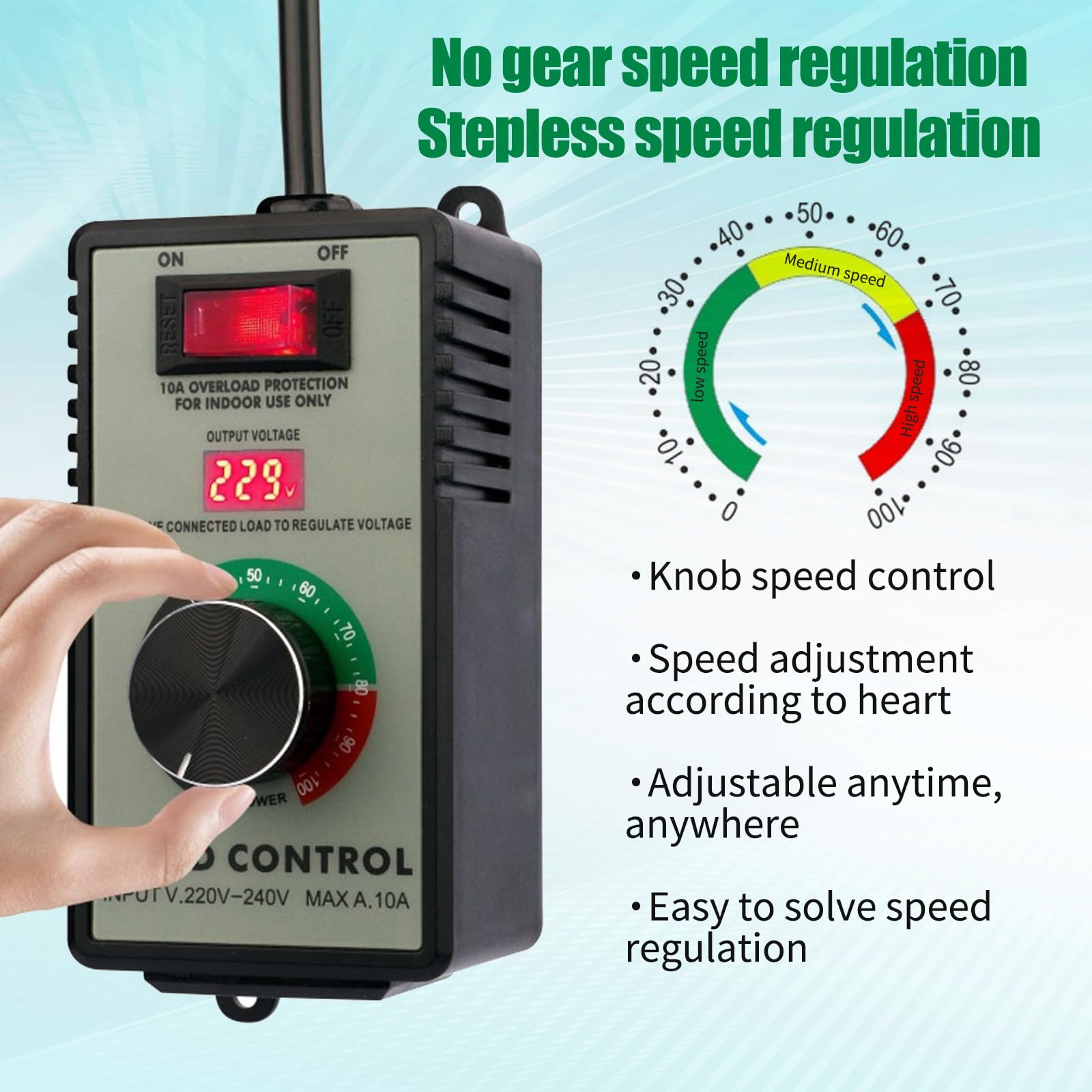 Regolatore di Velocità Motore e Tensione AC 220V - 10A, 4kW Con Interruttore di Avviamento e Spina Europea