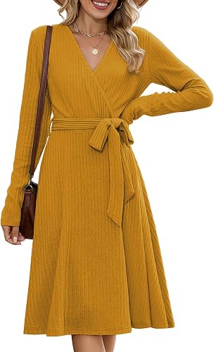 ZAFUL Women's 2026 Casual V Neck Long Sleeve Wrap Ribbed Sweater Dress | Knit Pleated Midi Dresses with Belt