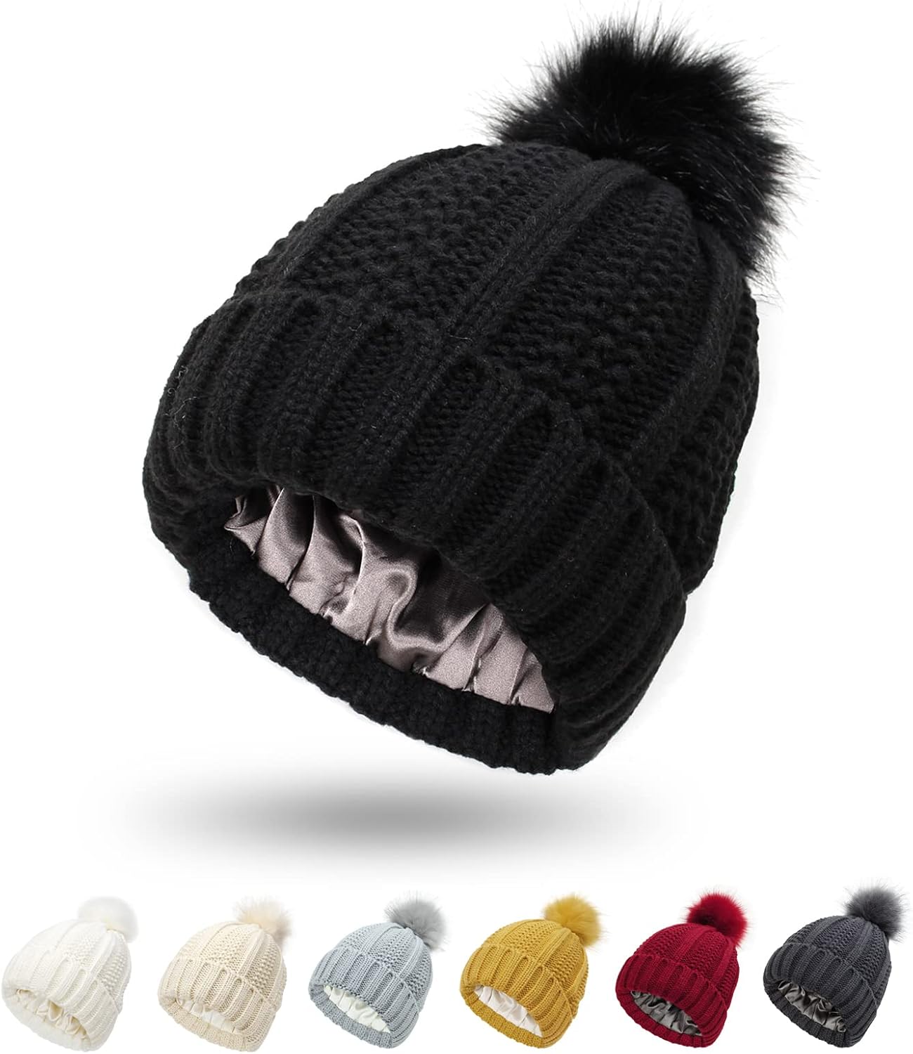 Womens Satin Lined Winter Beanie Cable Knit Beanie for Women Silk Lining Thick Chunky Hats Skull Warm Cap