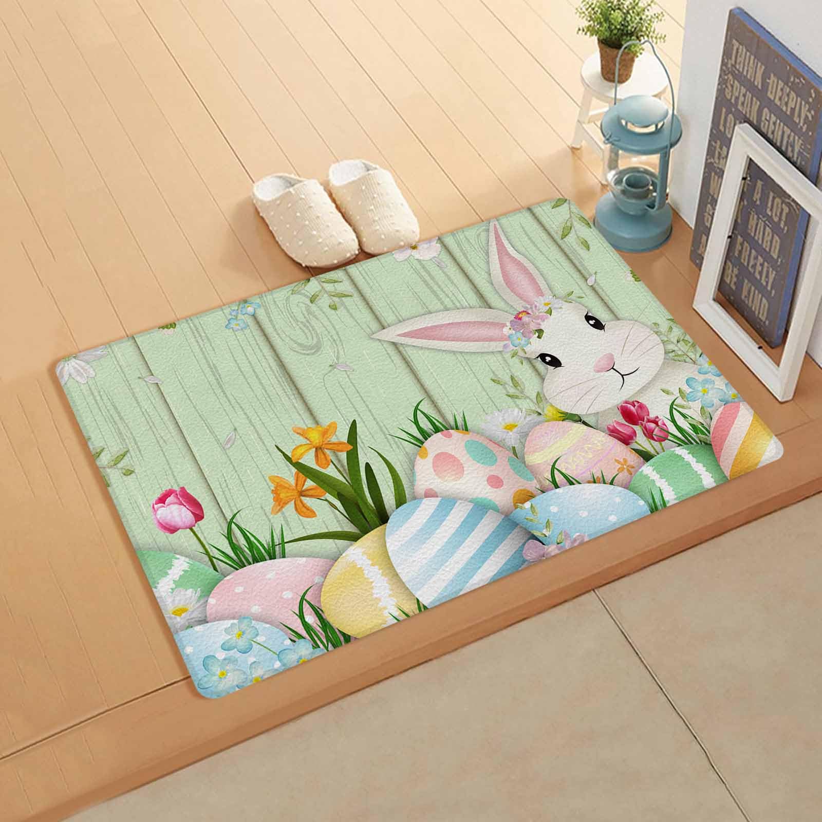 Easter Bunny Kitchen Bath Door Mat Cushioned Runner Rug,Washable Welcome Floor Sink Antifatigue Mat,Waterproof & Non-Slip Comfort Standing Doormat,Daisy Eucalyptus Egg Farmhouse Green Wood 18
