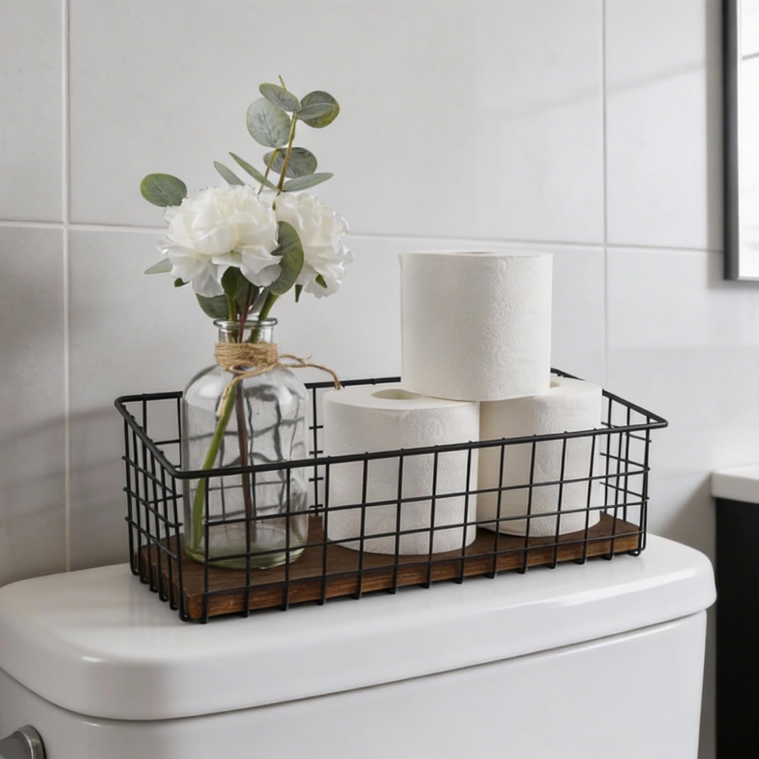 Toilet Tank Tray Basket - Paper Holder 1 Pack Rustic Decor Farmhouse Wood Styling Wire Metal Storage Bathroom Organizer for Vanity Counter Shelf Top (Black)