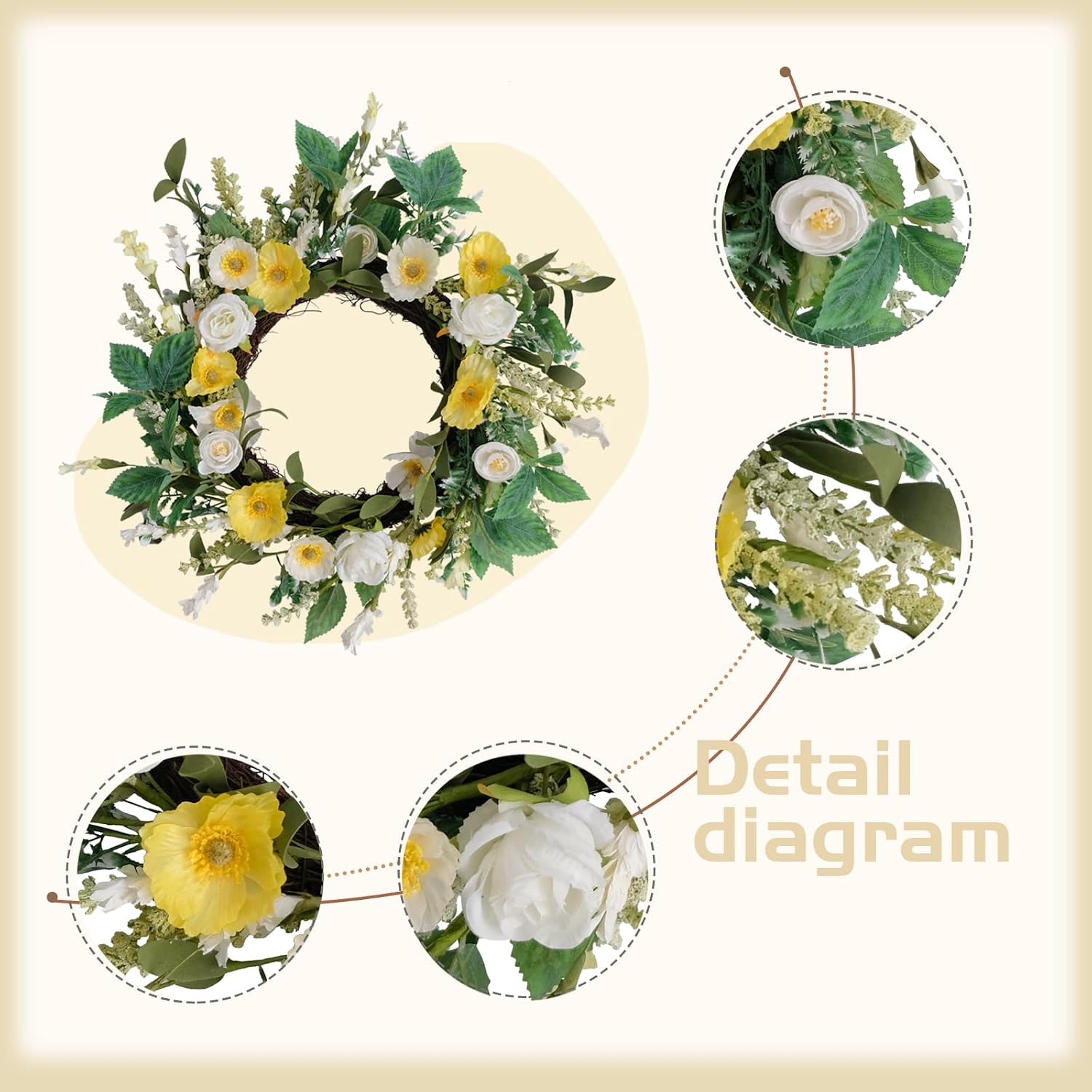 Summer Wreaths for Front Door Silk Yellow Flower Wreath with Roses Poppies Lavender 18" Artificial Door Wreath for Front Door Outside for Spring Summer Indoor Outdoor Farmhouse Front Porch Decor