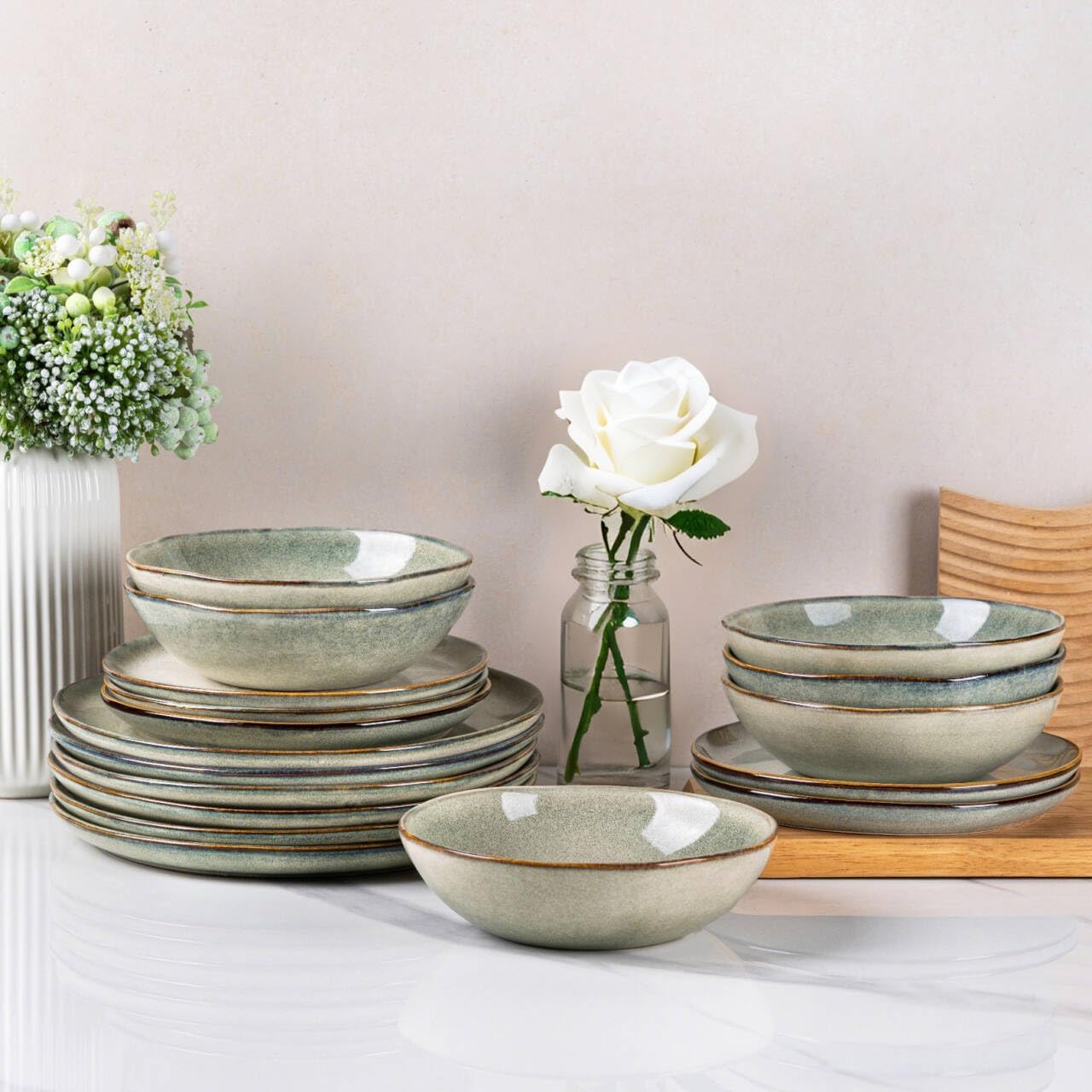 AmorArc 18-Piece Handmade Reactive Glaze Stoneware Dinnerware Set for 6 - Scratch-Resistant Plates & Bowls, Dishwasher Microwave Safe