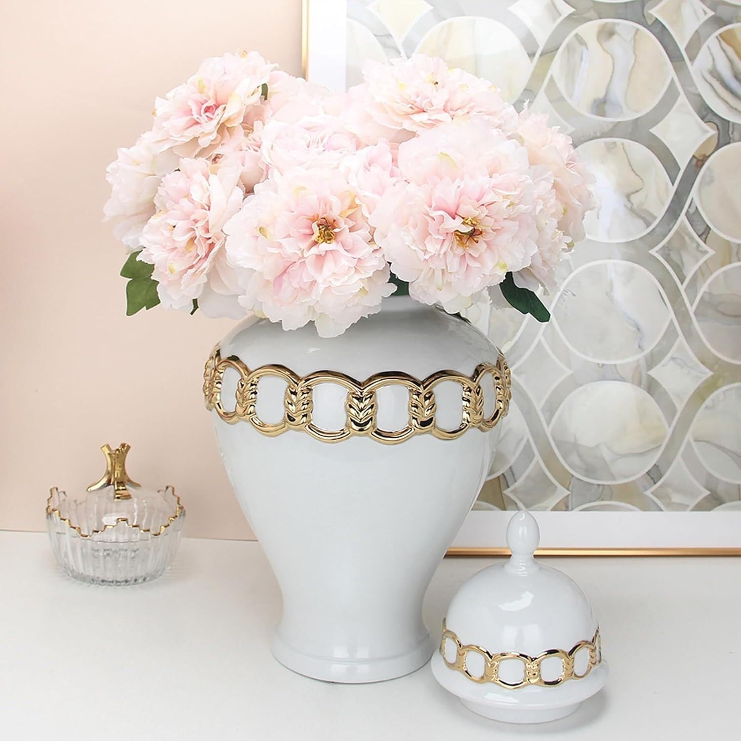 Food Storage Jar,Decorative Jar Ginger Jar Vase Decor Ceramic Vases Flowers Ginger Jar Porcelain Temple Jar Porcelain Vase with Lid Storage Jar Home Decor Ginger Jars Stora,Gold-26 * 45Cm