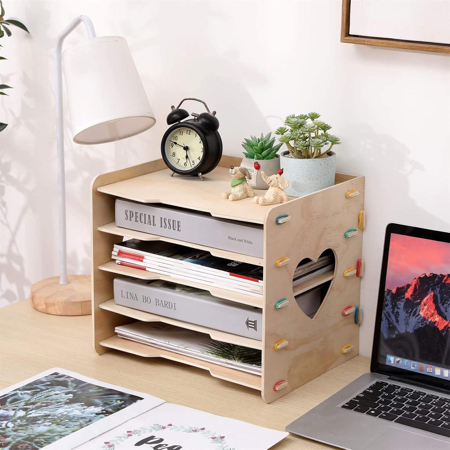 5 Tier Office Paper Organizer Cute Desk Organizer File Organizer Desktop for Office School Home Magazine Scrapbook Folders Letter Tray Paper Holder Desk Organizers Classroom Storage