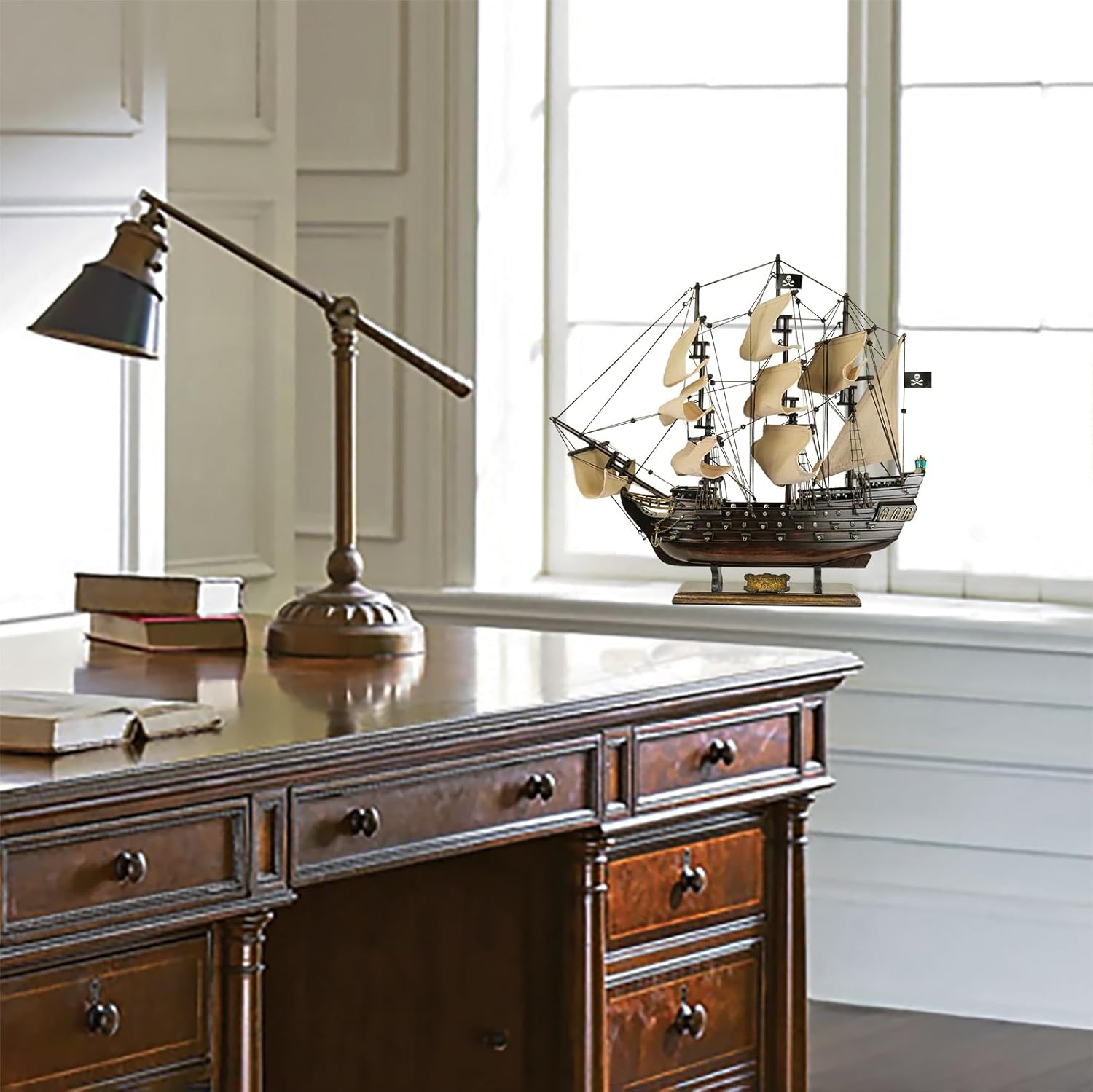 SAILINGSTORY Wooden Pirate Ship Model Black Pearl Sailing Ship Sailboat Decor 20.5" Beige Sails
