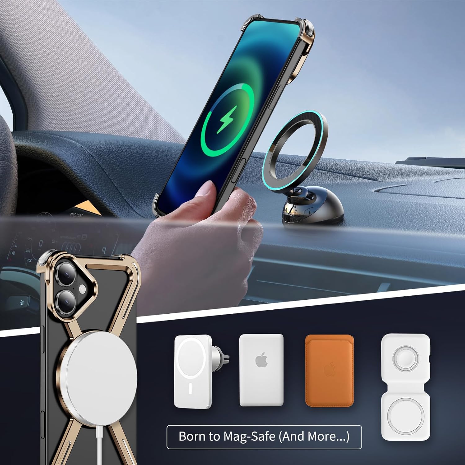 Case for iPhone 17, [Compatible with MagSafe] with Magnetic Kickstand Thin Slim Aluminum Metal Frameless Borderless Minimalist Phone Cover for iPhone 17, Gold THJ
