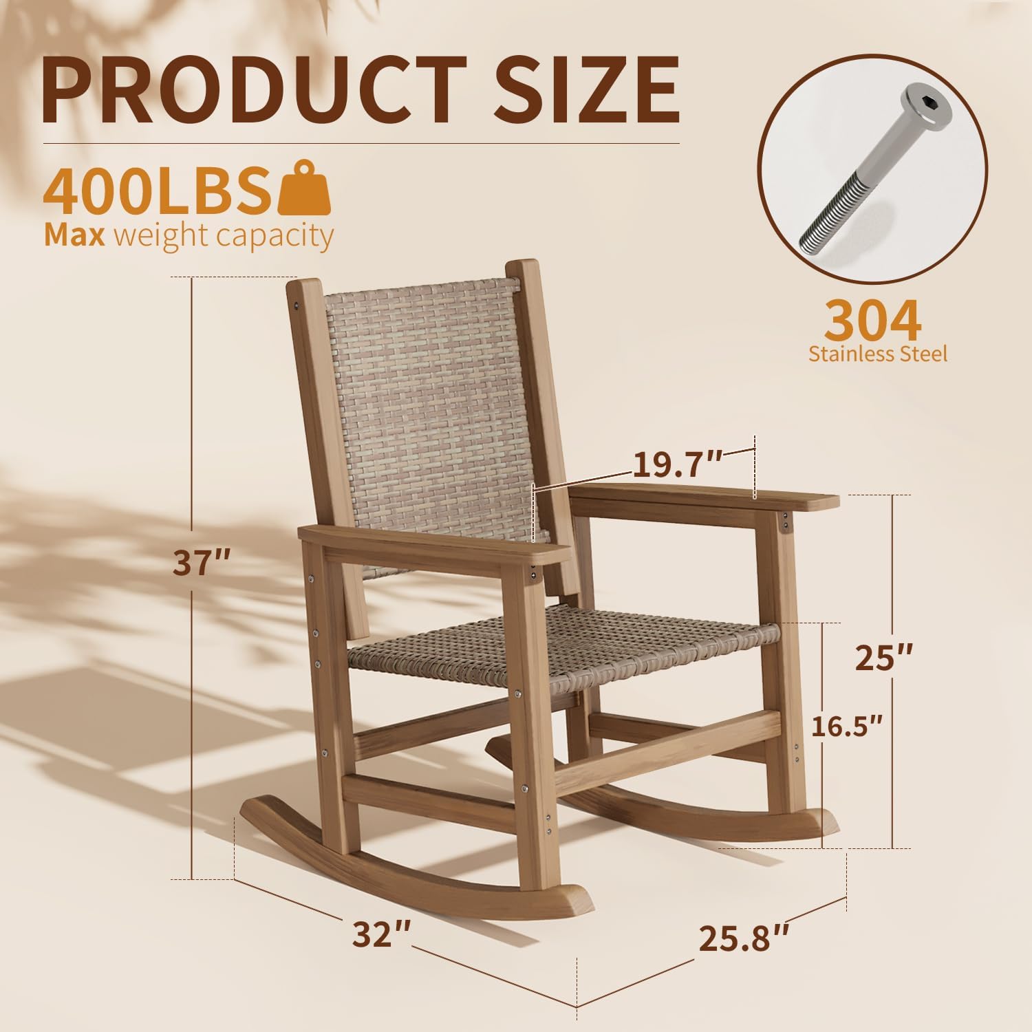 HDPE Rocking Chair Outdoor 1 PCS, Wicker Rocking Chair for Patio, Woven Seat & Back, All Weather Rocking Chair for Front Porch, Garden, Lawn and Balcony (Brown)