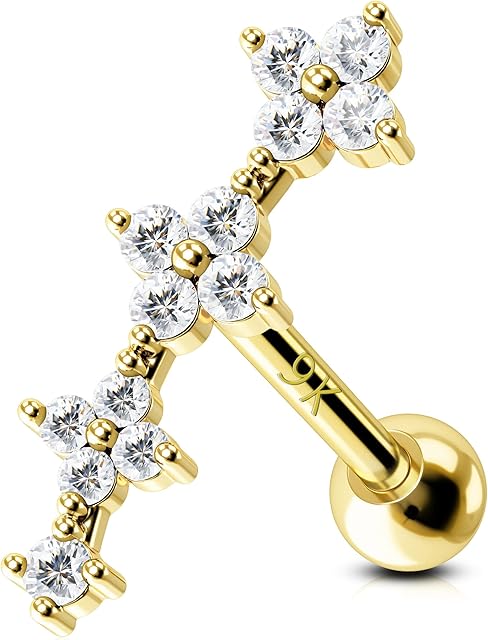 OUFER 9ct Gold Cartilage Earrings 16G AAA+ CZ Forward Helix Piercings Ear Conch Ring Upper Tragus Studs Jewellery Women Girls Gift