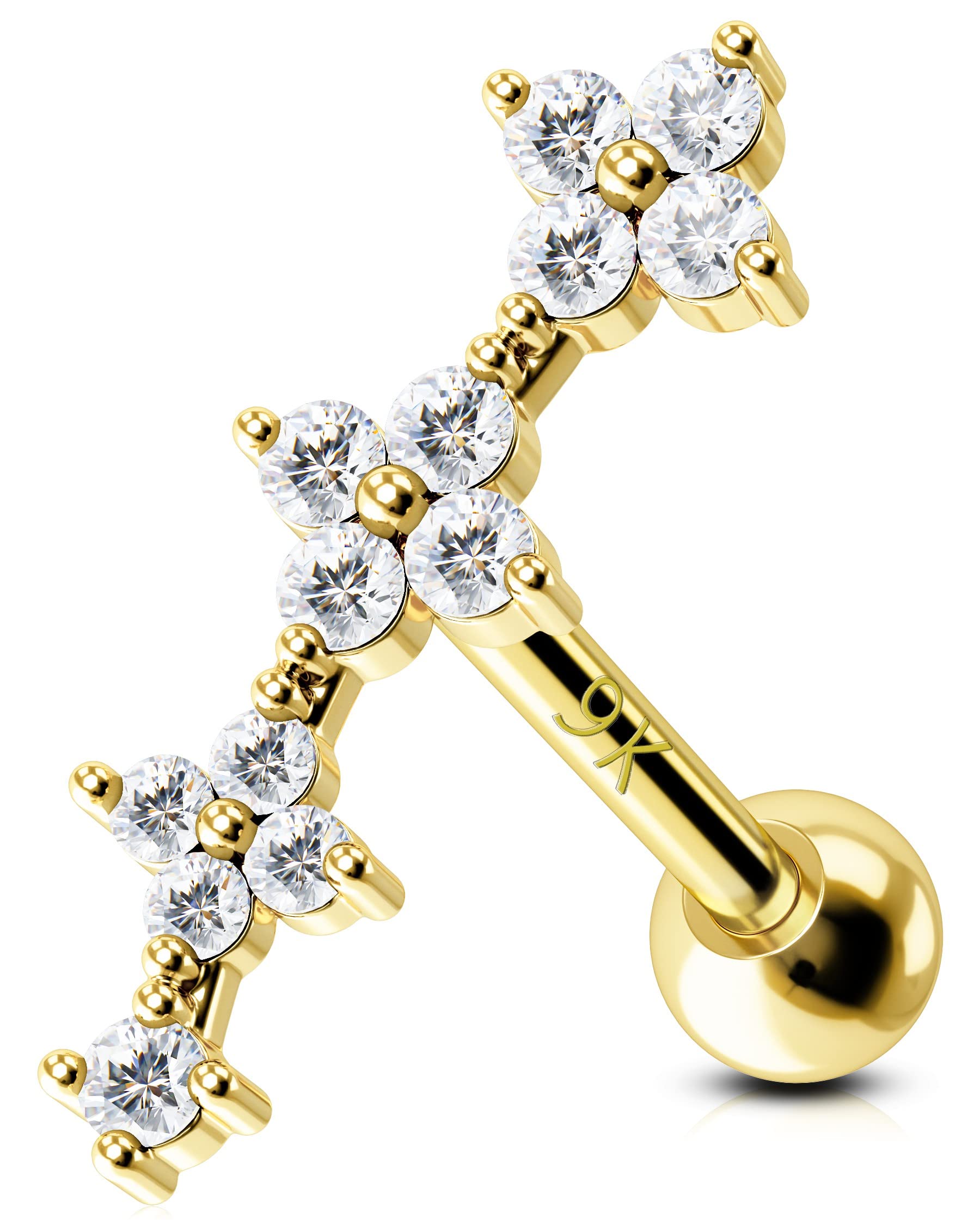 OUFER Orecchini per cartilagine in oro 9 carati, 16 G, AAA+ e zirconia cubica, piercing per elica anteriore, anello a conchiglia, anello superiore per trago, gioielli per donne e ragazze