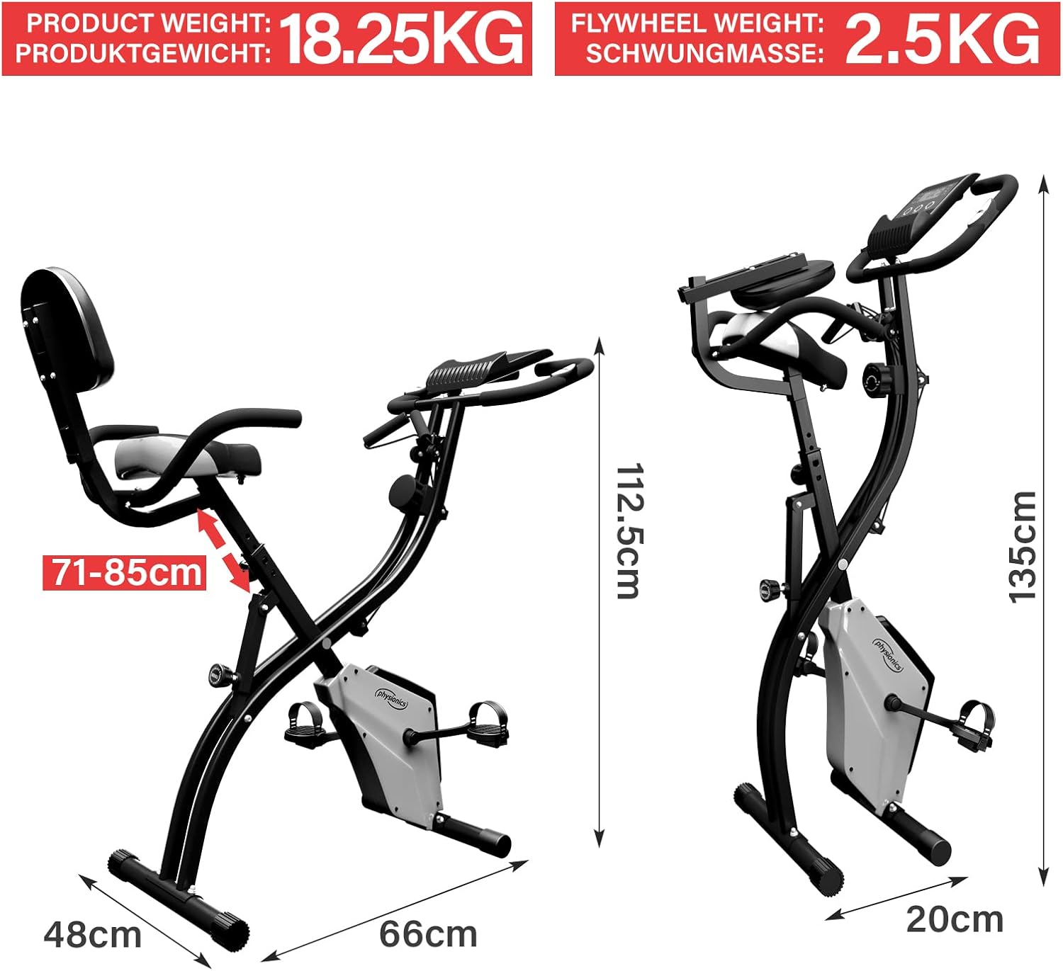 Diagram showing the dimensions of the Physionics Folding Exercise Bike in both assembled and folded configurations.