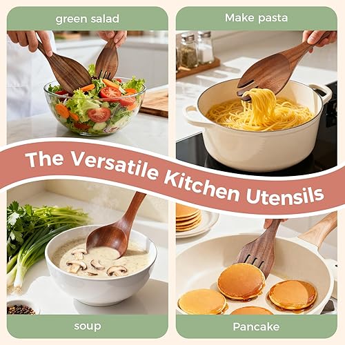 Miniatura 3 de Cucharas de madera para cocinar, juego de 7 utensilios de cocina de madera, juego de utensilios de madera de teca natural suave, utensilios de