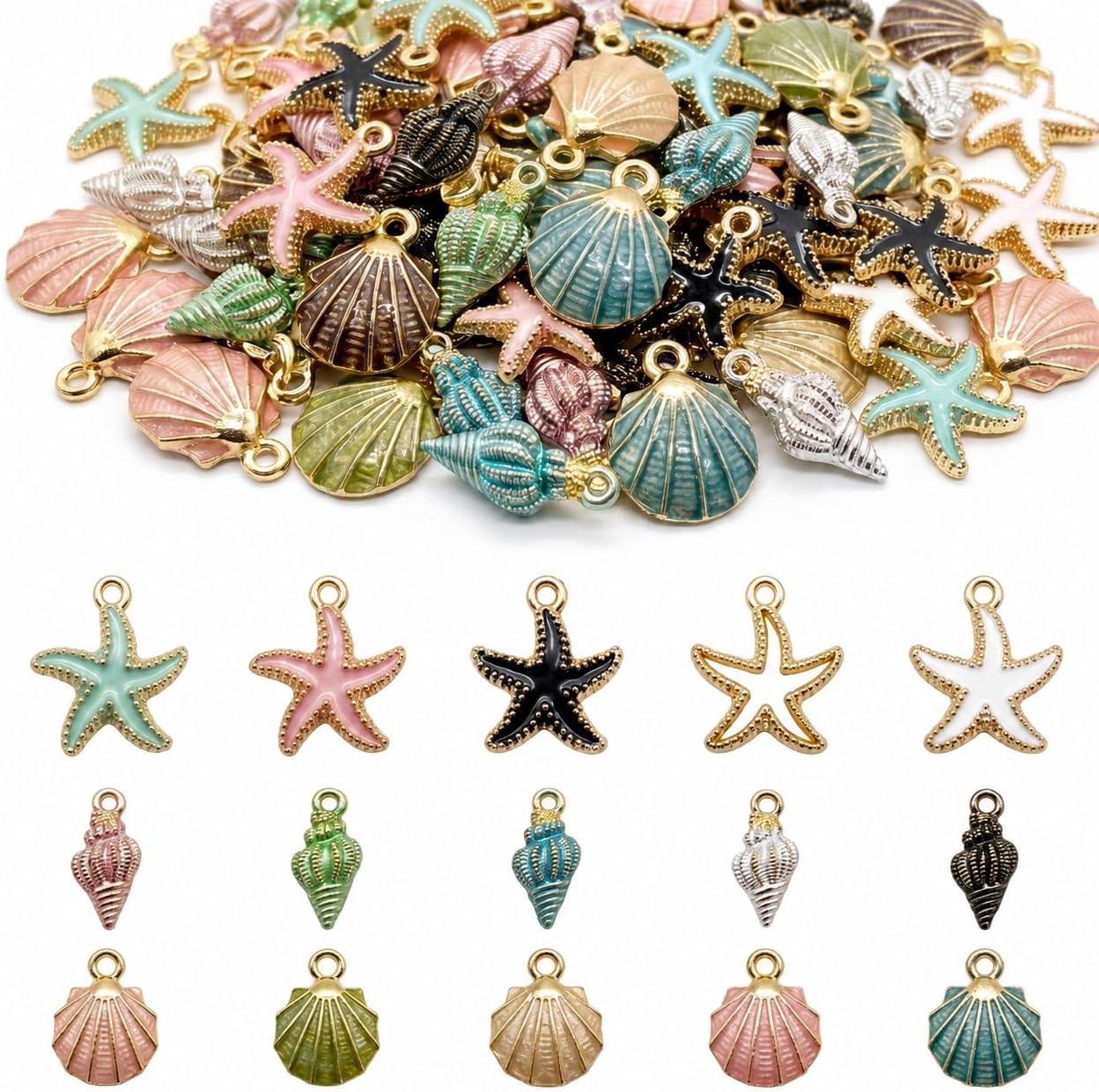 60PCS Ocean Charms, Seashell Conch & Starfish Pendants for Jewelry Making